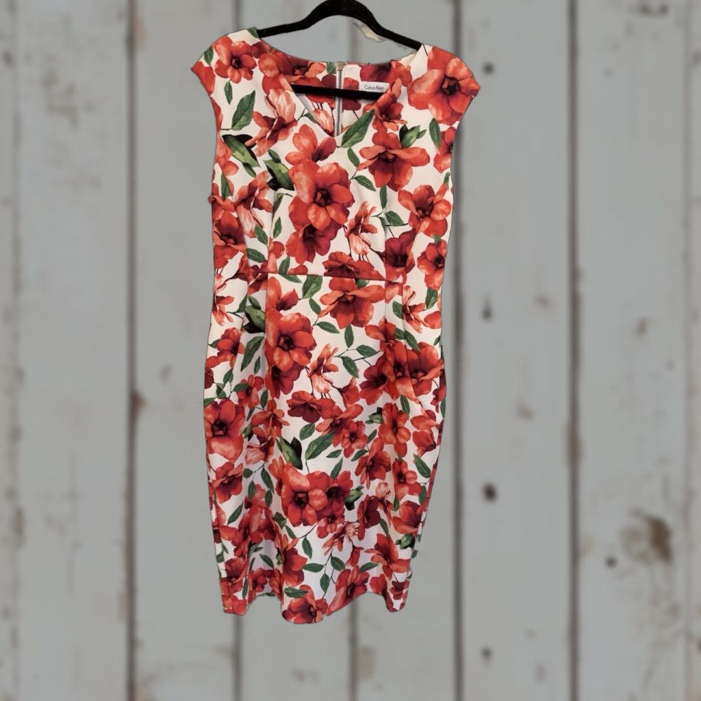 Calvin Klein Calvin Klein Sheath Dress V-Neck Sleeveless Floral Knit Knee Length Red White sz 14 Women Size XL / US 12-14 / IT 48-50 - 1 Thumbnail