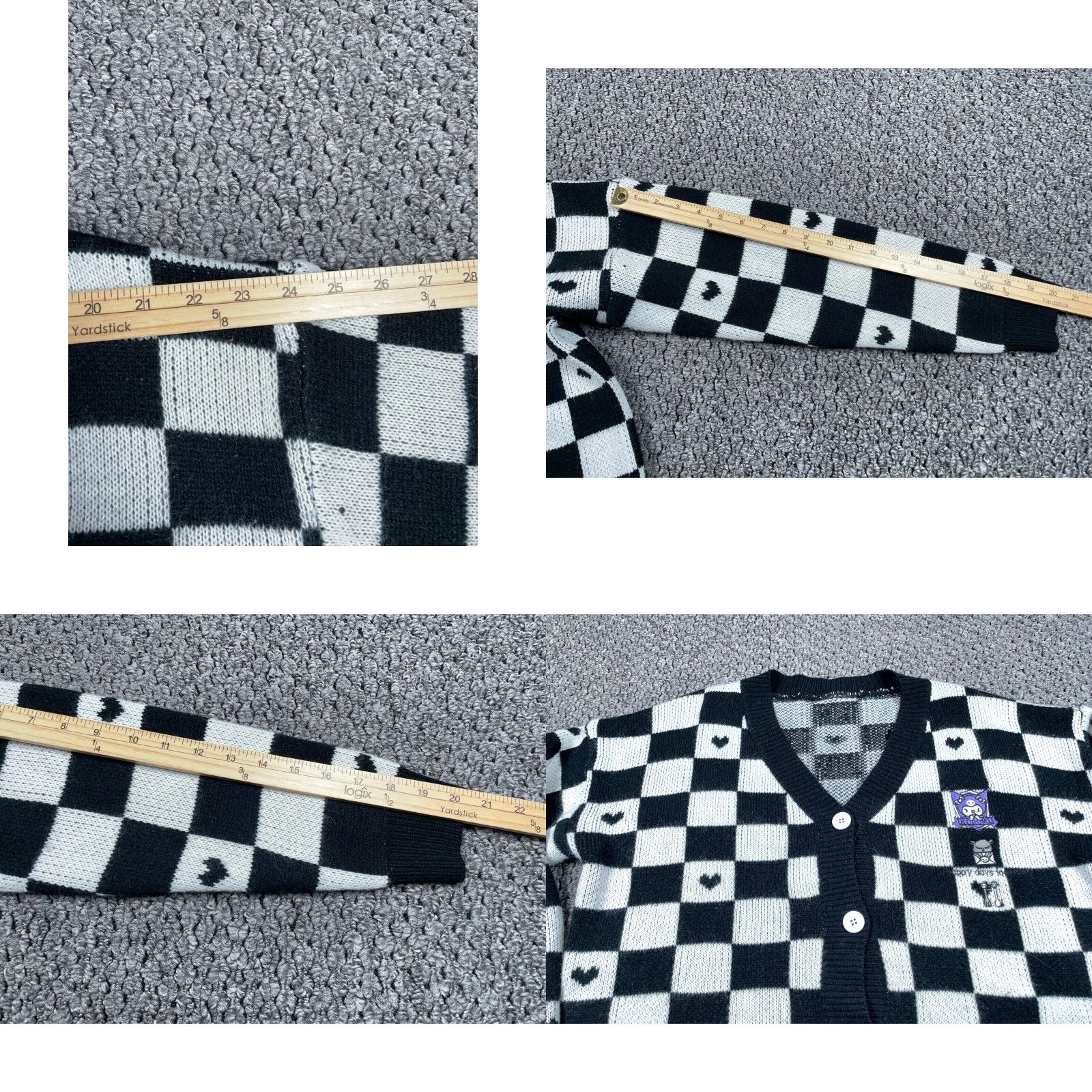 Vintage Kuromi Cardigan Women's XL Black White Check Pattern Embroidered Anime Boxy Fit Sweater Cardigan 90s Hipster Retro Casual Women's Size XL / US 12-14 / IT 48-50 - 8 Thumbnail