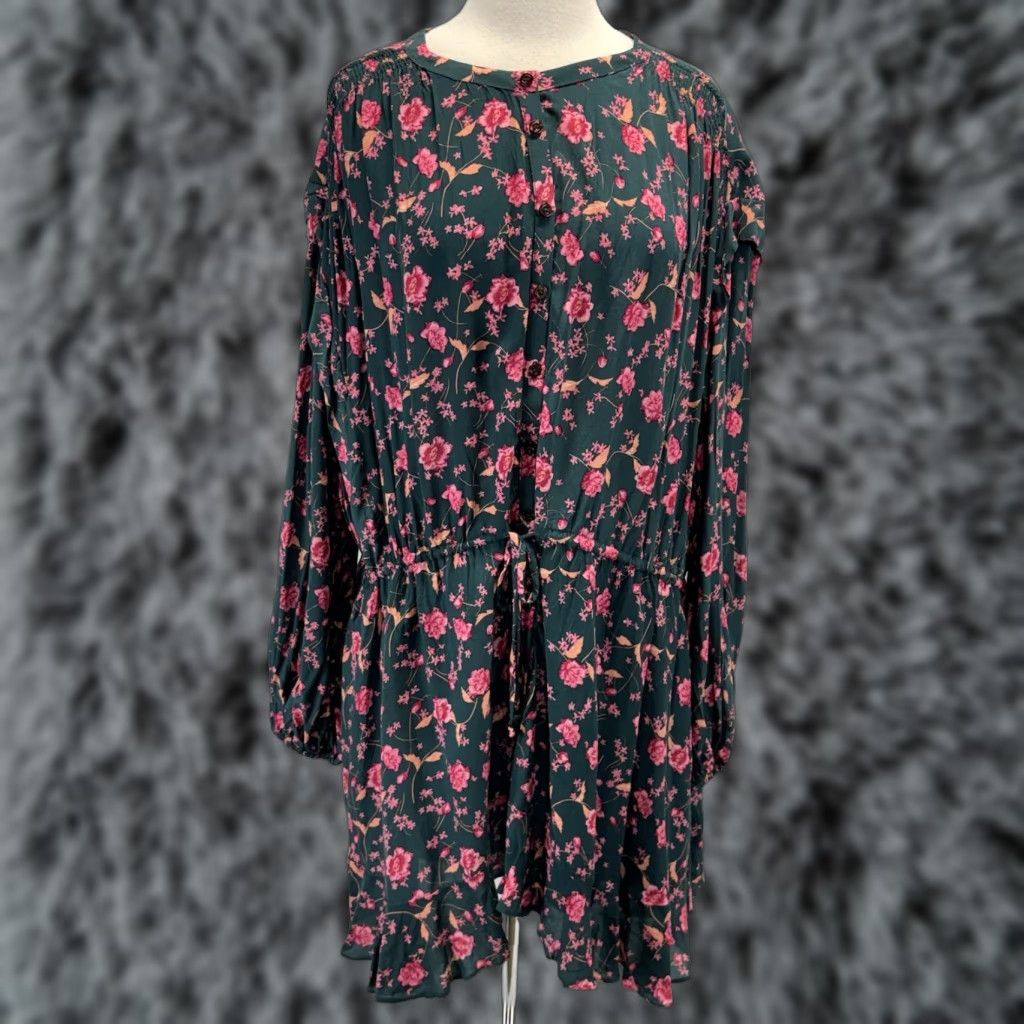 Free People Free People Mini Dress Size Large Oversize Long Sleeve Dark Floral Flower Fields Size L / US 10 / IT 46 - 1 Thumbnail