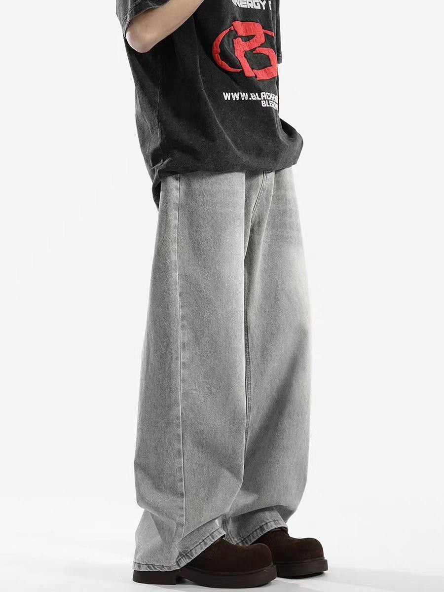 Gray Baggy Straight Wide Leg Denim Jeans
