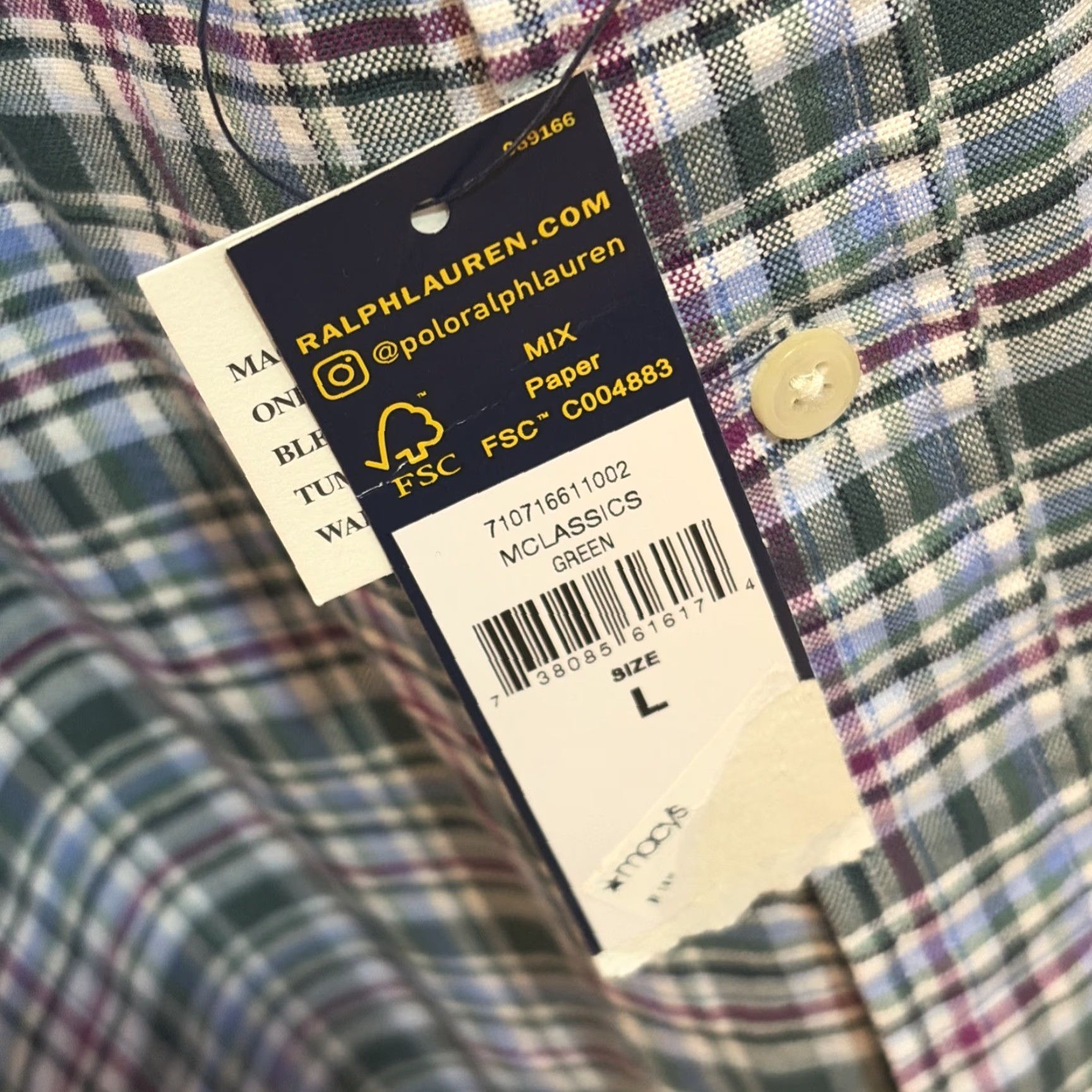 Ralph Lauren Shirts Men's L Green Plaid Button-Down NWT Pocket Pony