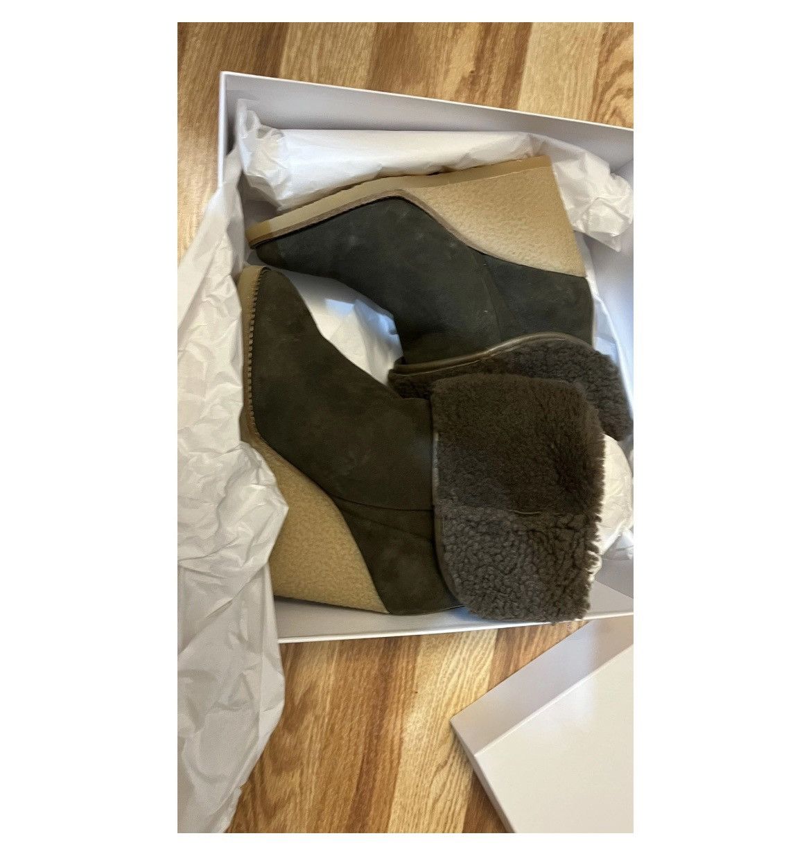 Isabel Marant Chic Army green suede sheep fur trim wedges Size US 8 / IT 38 - 4 Thumbnail