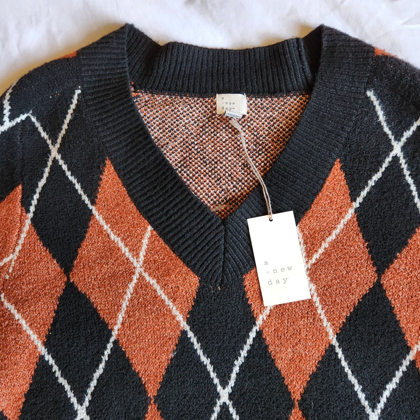 Vintage A New Day Long Sleeve Knitted Black Rust Orange Argyle Tunic Women's Med Sweater Size M / US 6-8 / IT 42-44 - 5 Thumbnail
