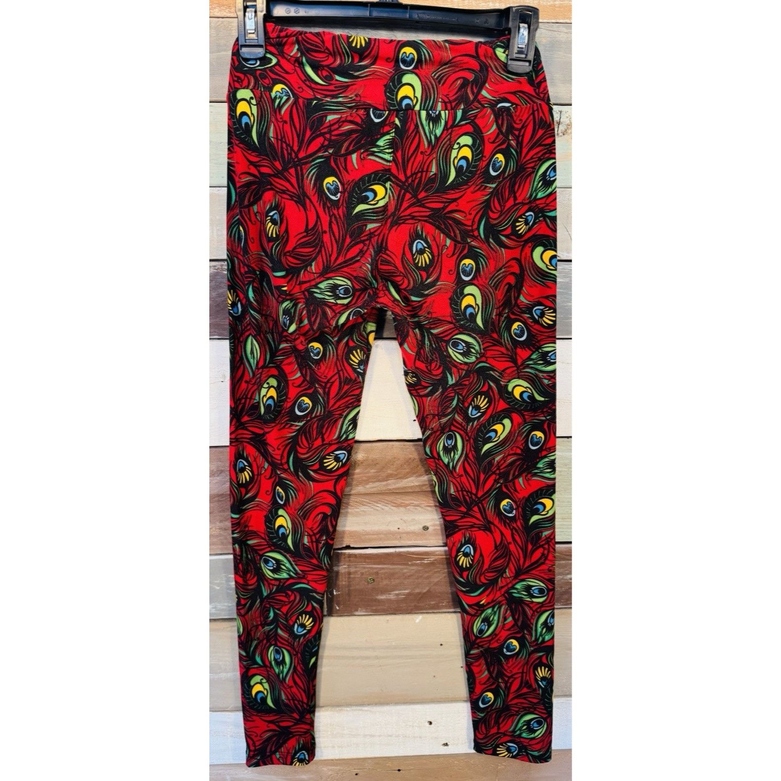 Other LuLaRoe Leggings OS One Size RED PEACOCK FEATHERS Used Condi Size 29" - 4 Thumbnail