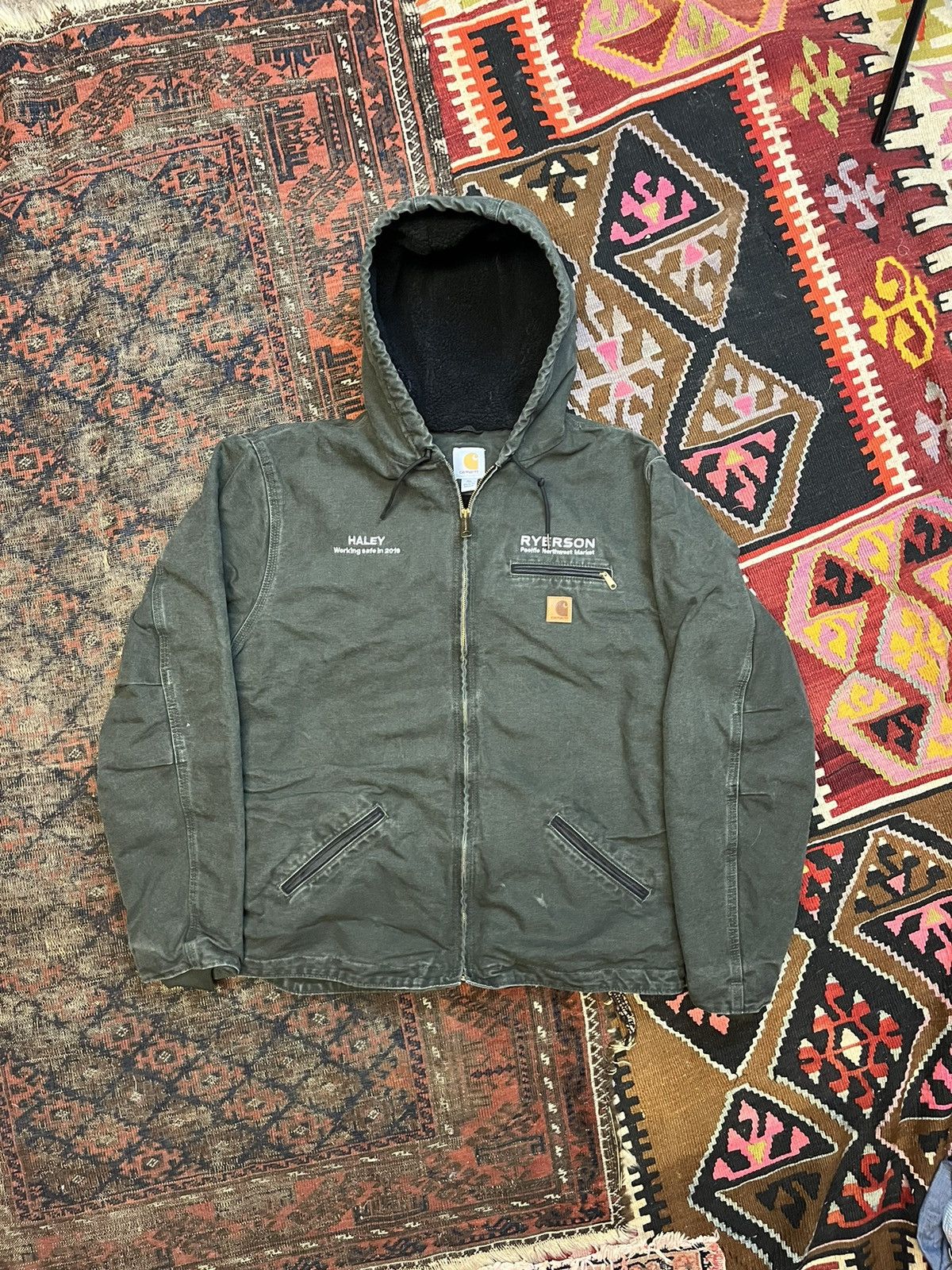 image of Carhartt J141 Mos Green Sherpa Lined Hooded Detroit Jacket, Men's (Size XL)