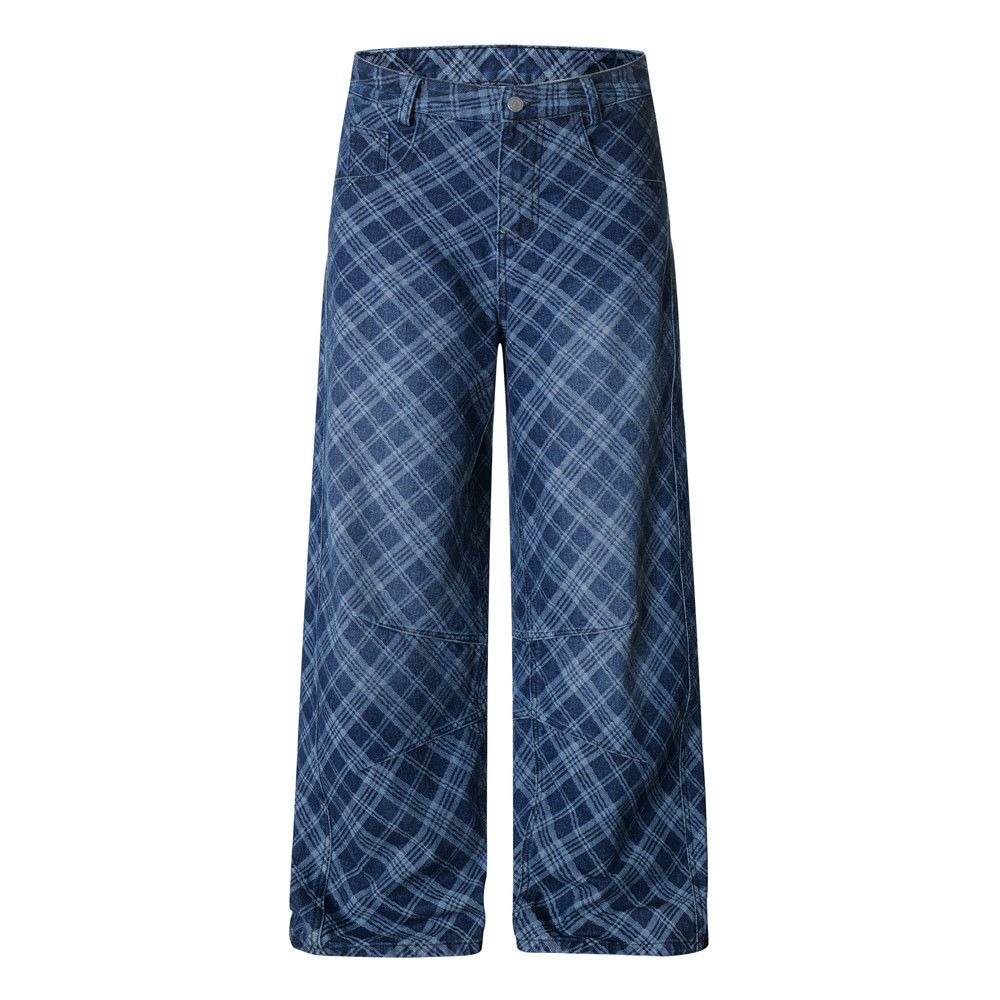 Jean Men's hip-hop distressed wide-leg embroidered plaid jeans Size US 32 / EU 48 - 2 Thumbnail