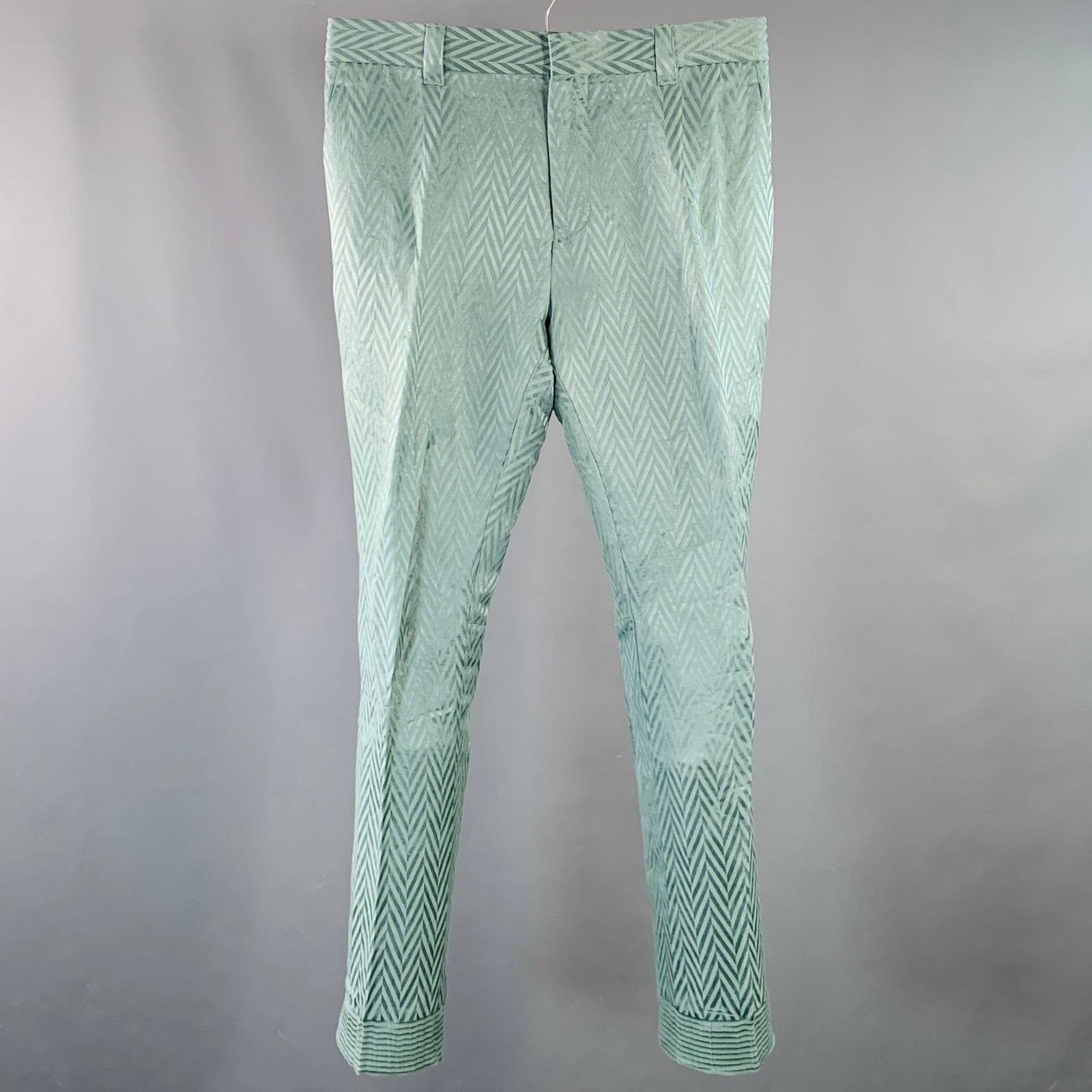 Green Herringbone Jacquard Linen Silk Cropped Casual Pants