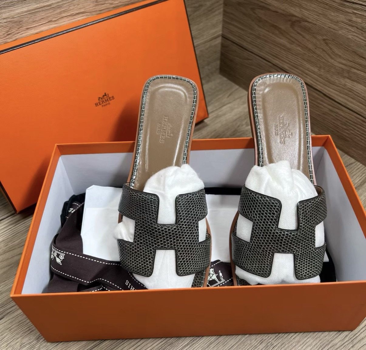 Hermes Hermès Oran Green & Brown Lizard H Slippers J41 Size US 8 / IT 38 - 2 Thumbnail