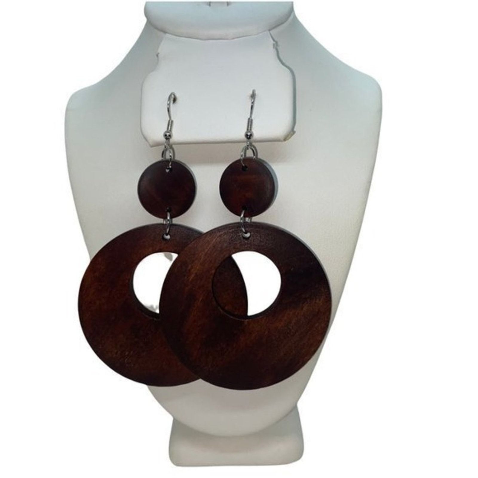 Boutique Moschino NWT Brown Wood Circle Cut-Out Dangle Statement Earrings Size ONE SIZE - 1 Thumbnail