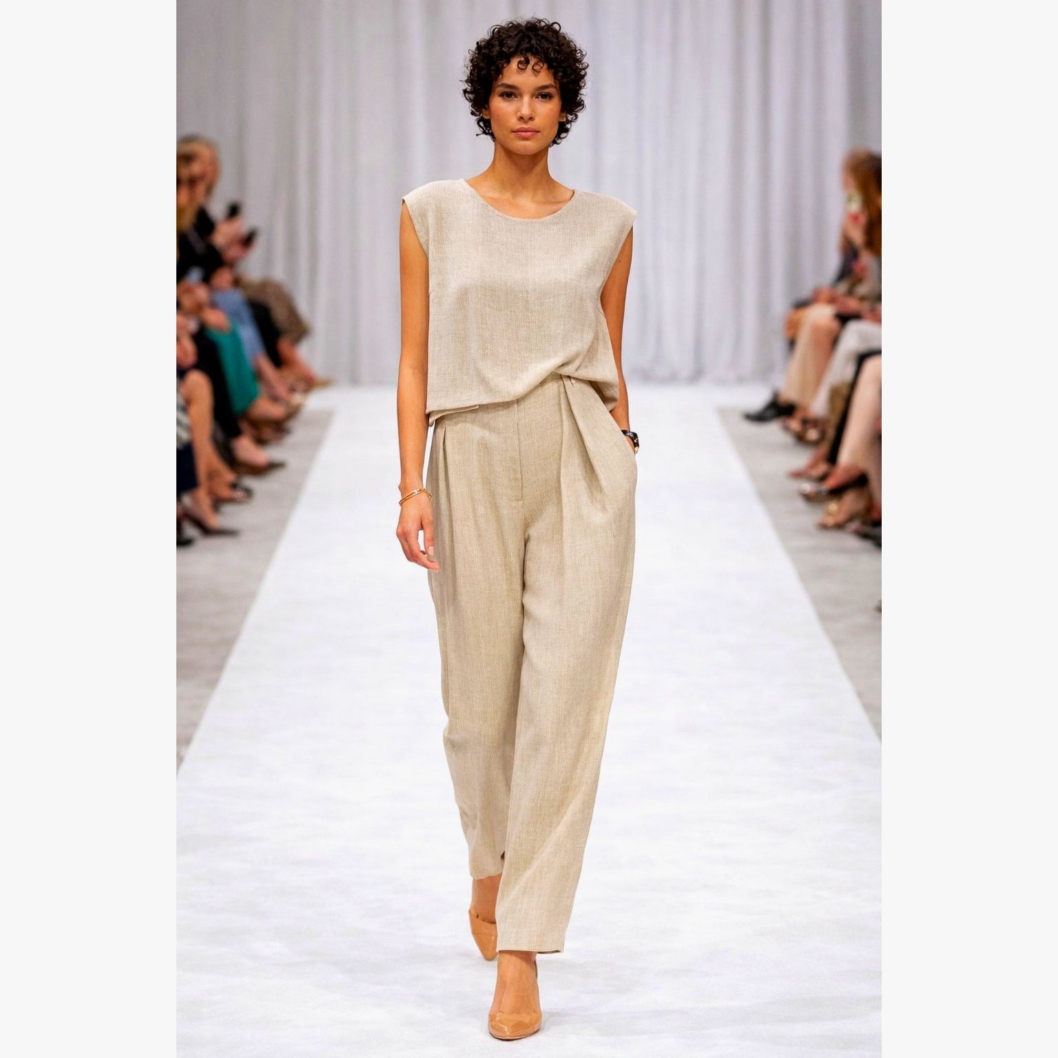 Other Casual 2 Pc Sleeveless Crew Neck Pleated Pant Set Khaki 12 Size 30" / US 8 / IT 44 - 1 Thumbnail