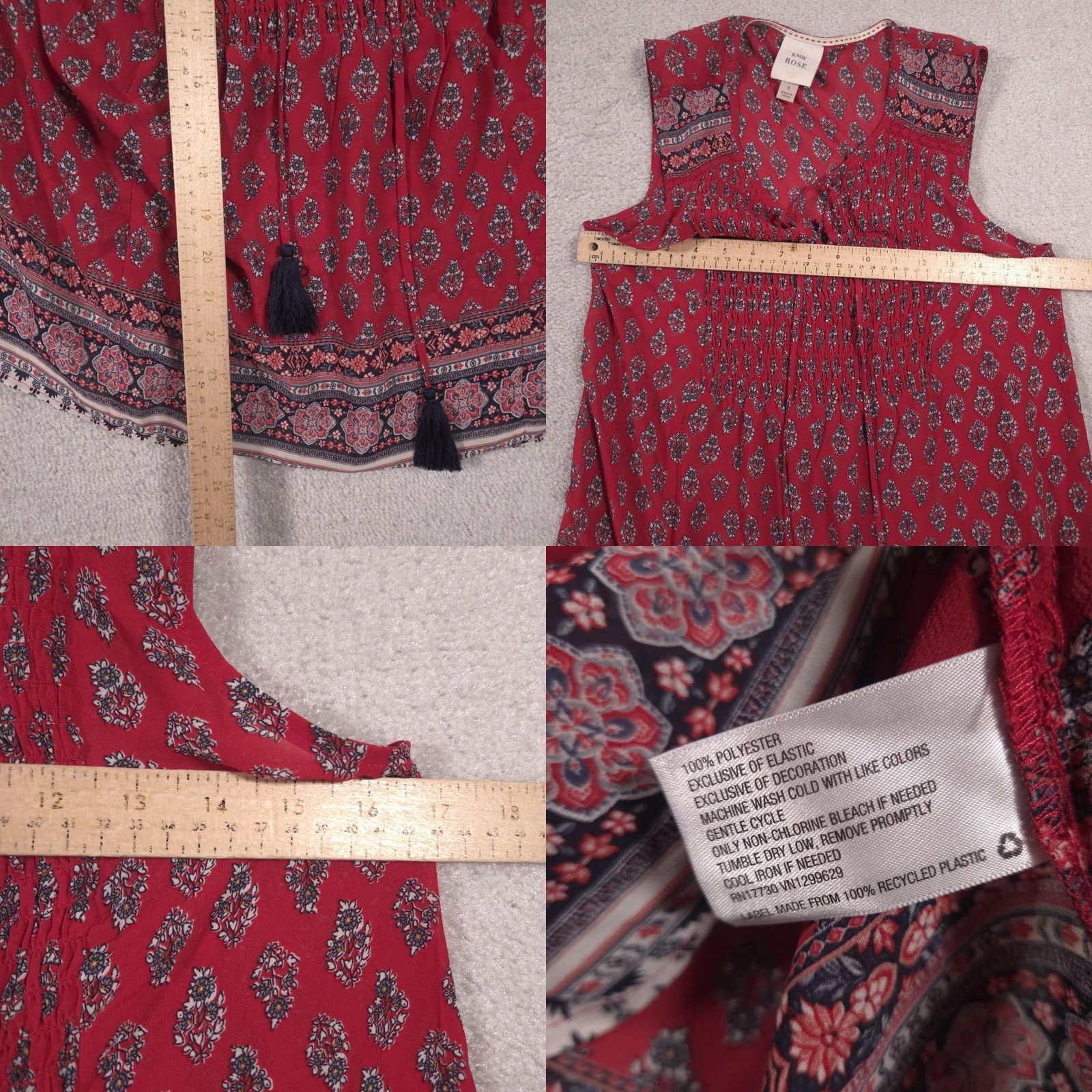 Vintage Knox Rose Blouse Womens Small Red Floral Smocked Tassel Sleeveless Tunic Top Size S / US 4 / IT 40 - 8 Thumbnail