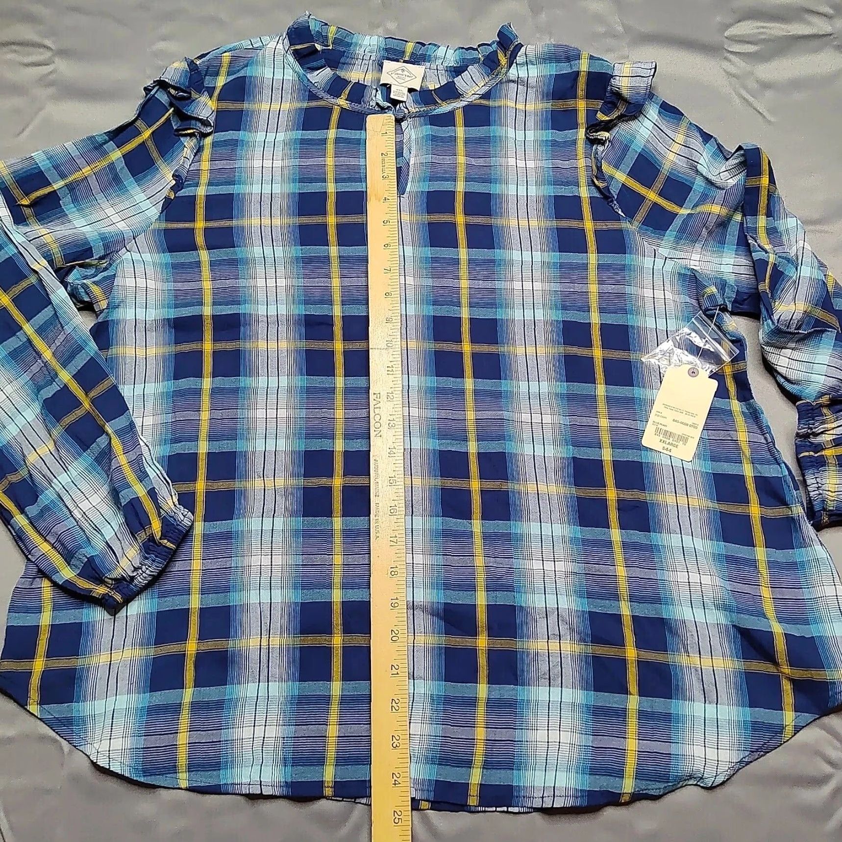 Vintage St. John's Bay Blue Plaid Ruffle Rayon Blend Pullover BOHO Shirt - Women 2XL NEW Size XXL / US 16-18 / IT 52-54 - 6 Thumbnail