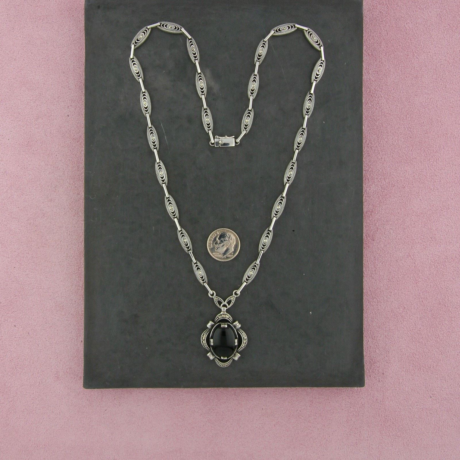 Sterling Silver sterling silver marcasite studded onyx necklace size 19.75in Size ONE SIZE - 2 Thumbnail