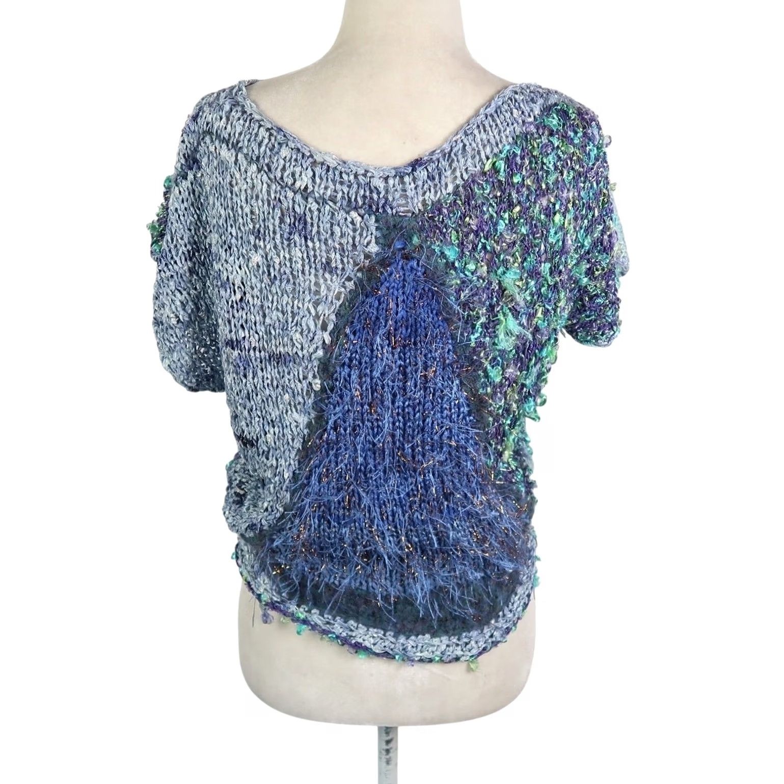 Vintage VINTAGE 90s Blue Sweater Knit Short Sleeve Patchwork Shaggy Eyelash M Womens Size M / US 6-8 / IT 42-44 - 4 Thumbnail