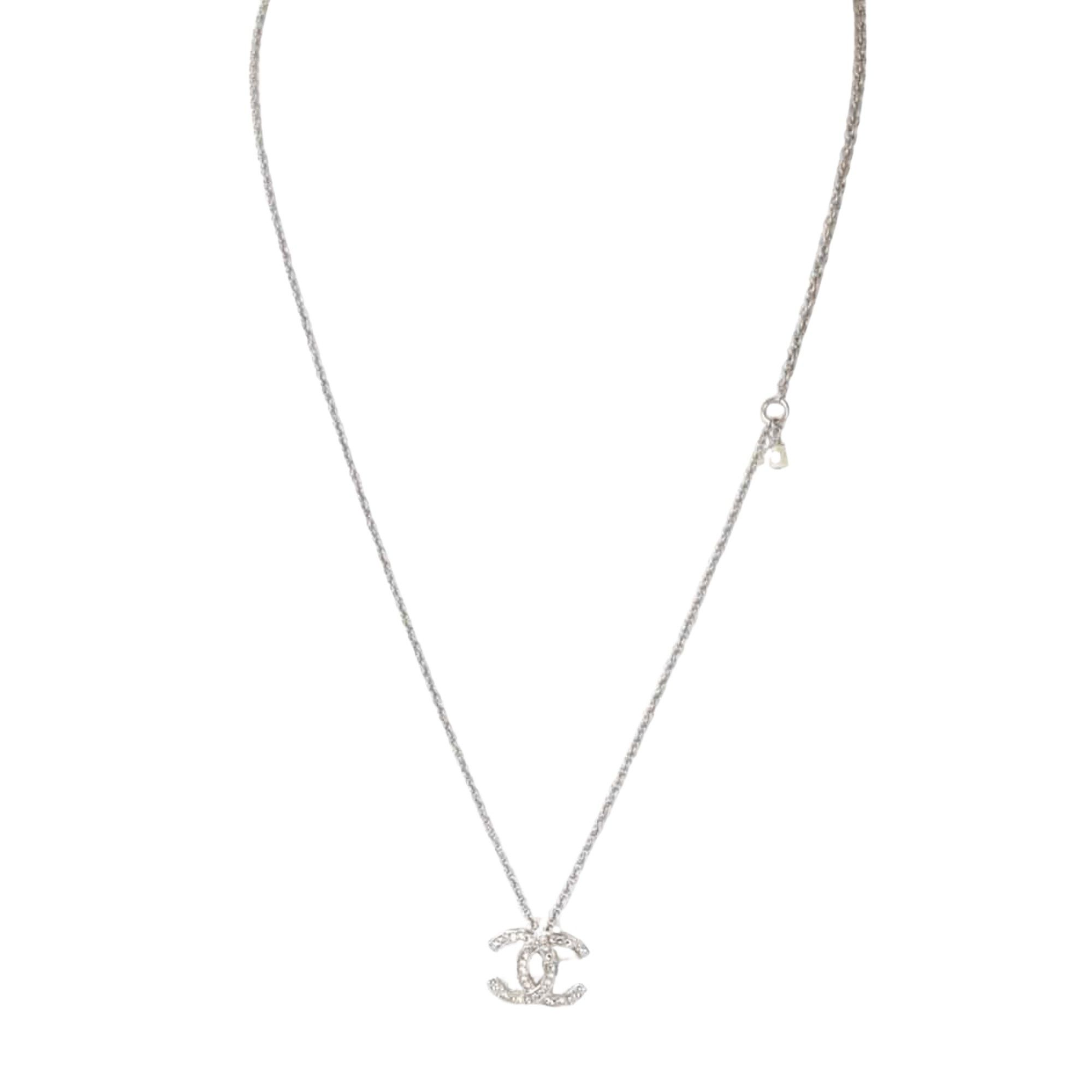 Chanel 01P Metal COCO Mark Chain Necklace Rhinestone Silver