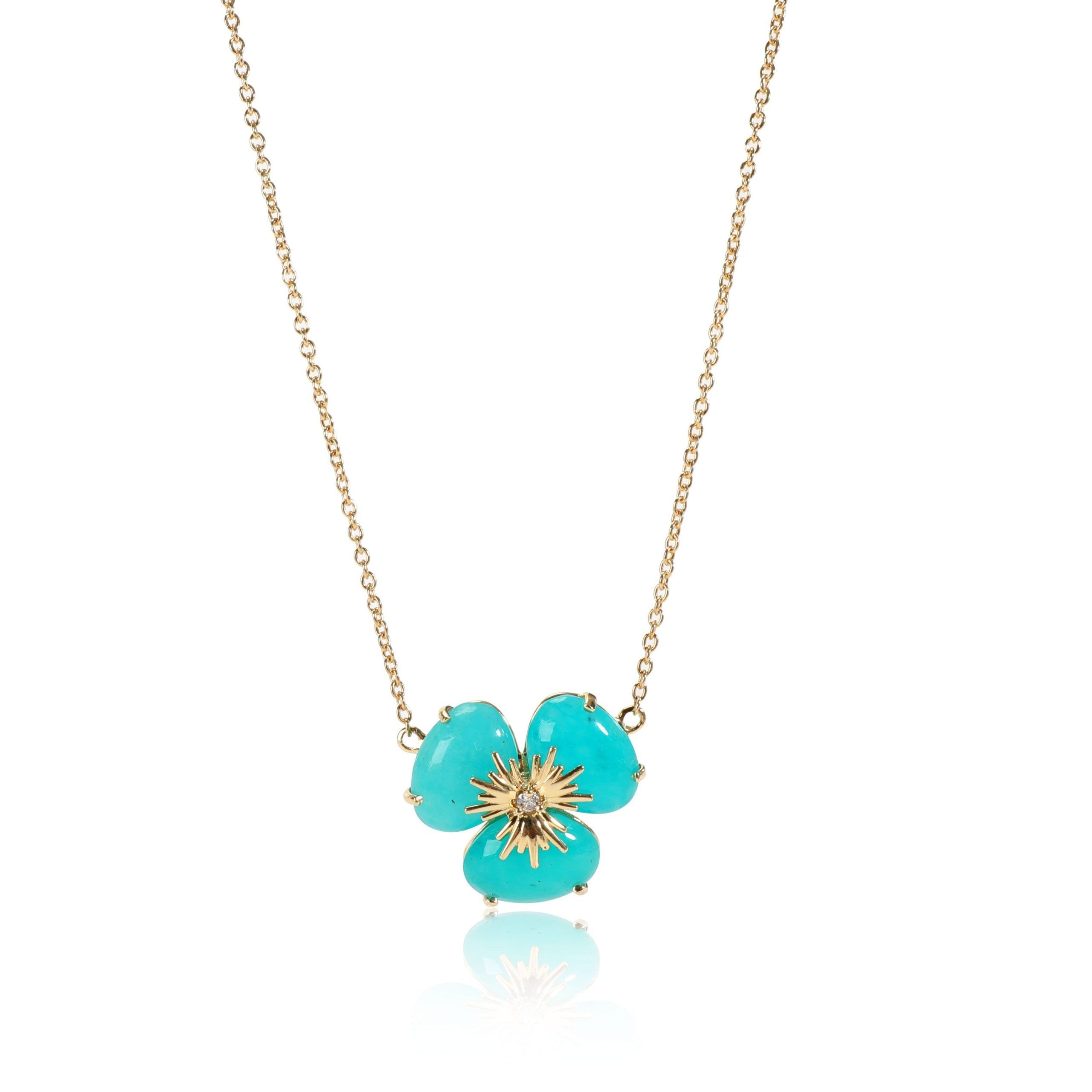 image of Tiffany Co Amazonite Diamond Flower Necklace In 18K Yellow Gold 0.02 Ctw, Women's