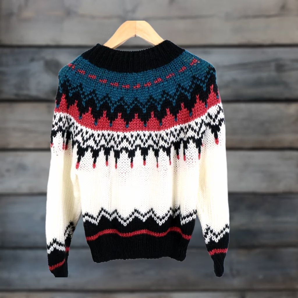 Vintage VINTAGE Ivy Hand Knit Sweater Women's Medium Green Pink Fair Isle Chunky Acrylic Crew Neck Long Sleeve Pullover Casual 80s 90s Retro Ski Womens Size M / US 6-8 / IT 42-44 - 1 Thumbnail
