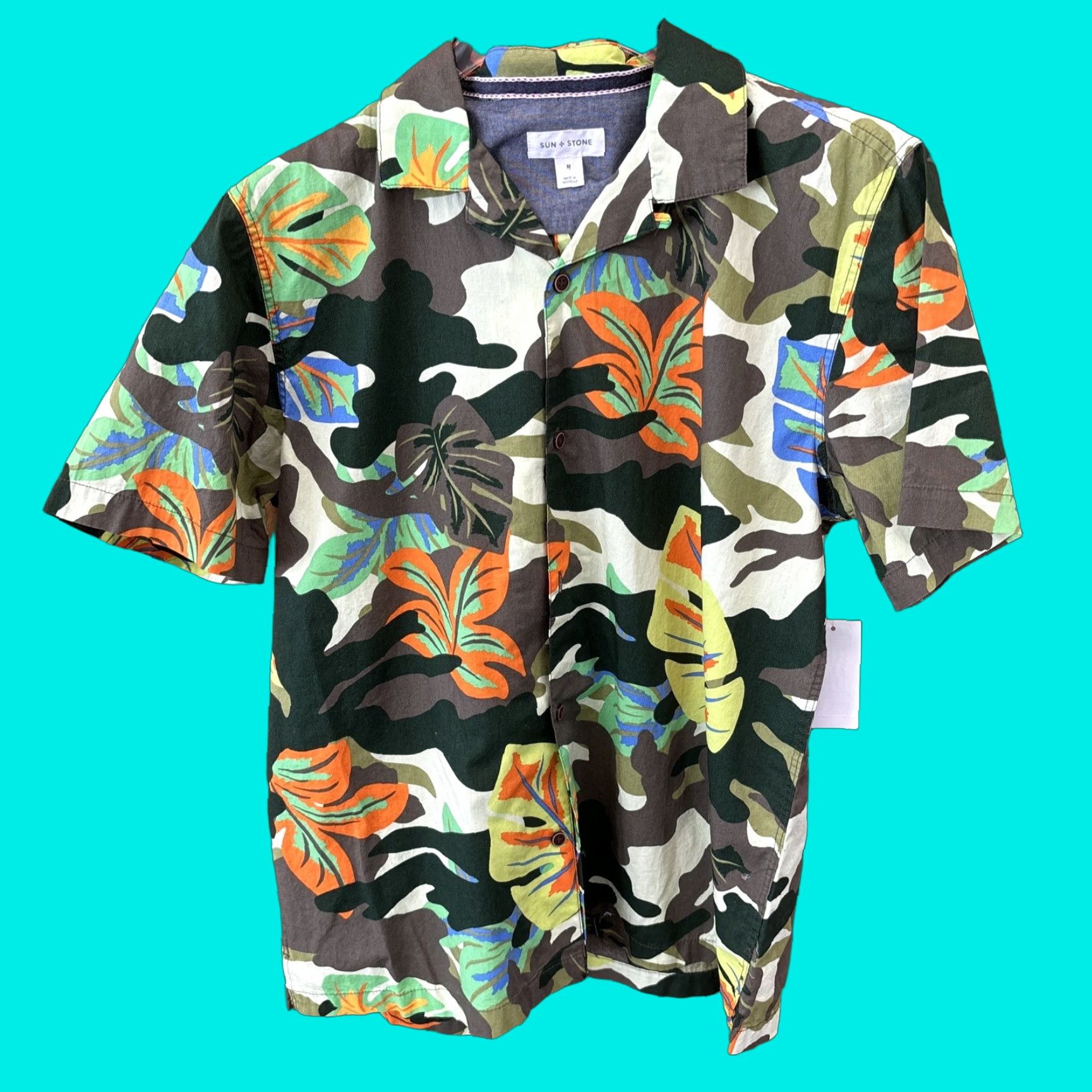 Vintage Sun Stone Men M Button-Down Shirt Green Leafy Camouflage Print NEW Cotton Short Sleeve Size US M / EU 48-50 / 2 - 1 Thumbnail