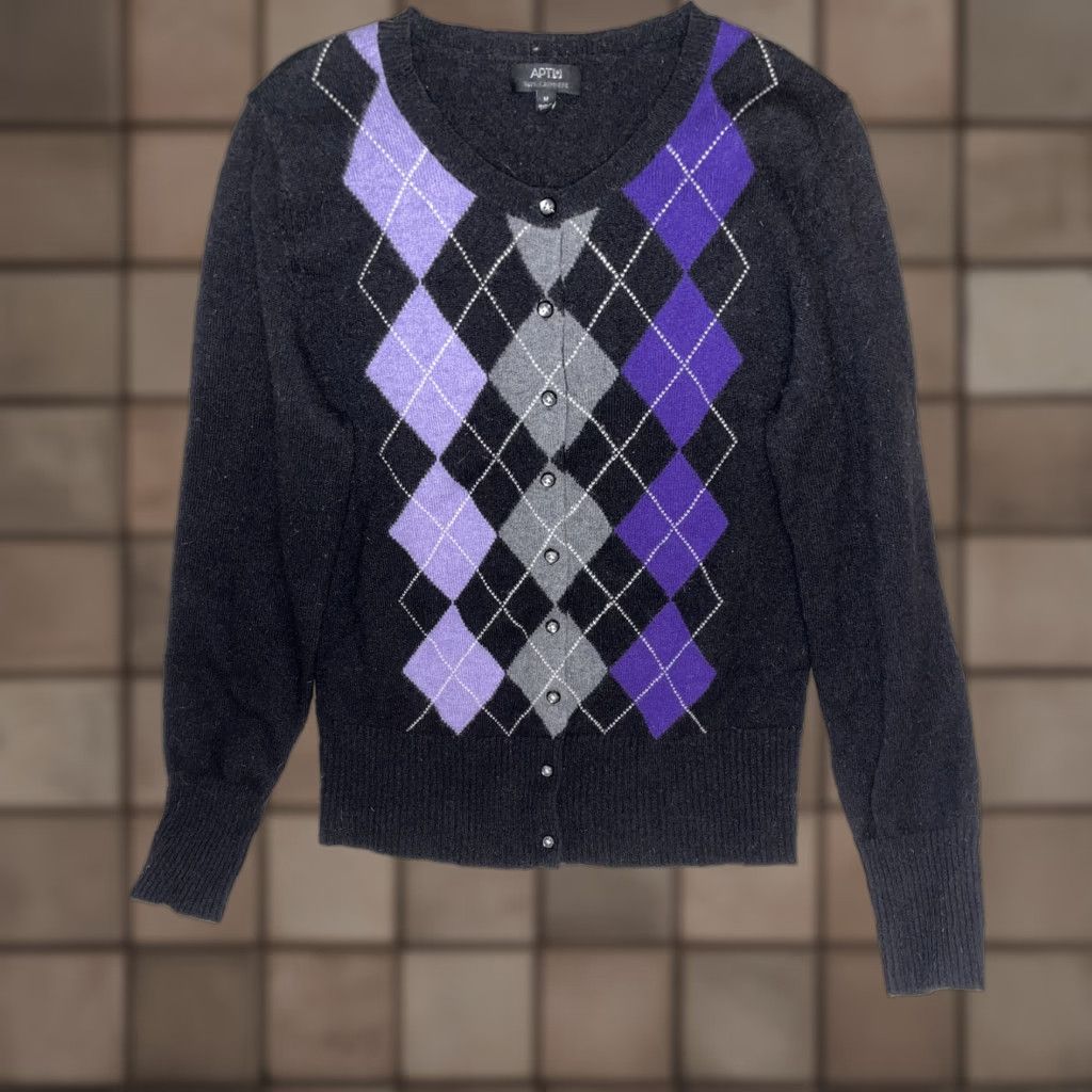 Apt. 9 Apt 9 Cardigan Women M Black Purple 100% Cashmere Argyle Diamond Knit All Seasons Button Womens Size M / US 6-8 / IT 42-44 - 1 Thumbnail