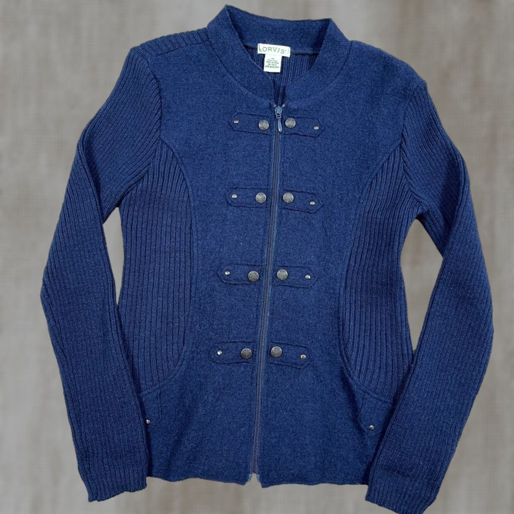 Orvis Orvis Cardigan Wool Knit Full Zip Navy Blue Women Medium Mock Neck Casual Fall Winter All Seasons Regular Knit Style Size M / US 6-8 / IT 42-44 - 1 Thumbnail