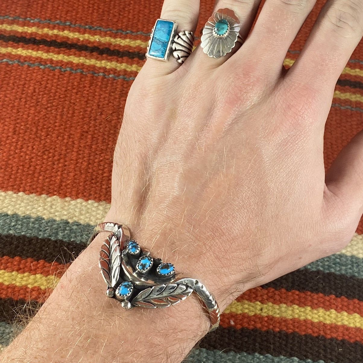 Kapital × Vintage Vtg Navajo Sterling Silver Turquoise Feather Cuff J Spencer Size ONE SIZE - 11 Thumbnail