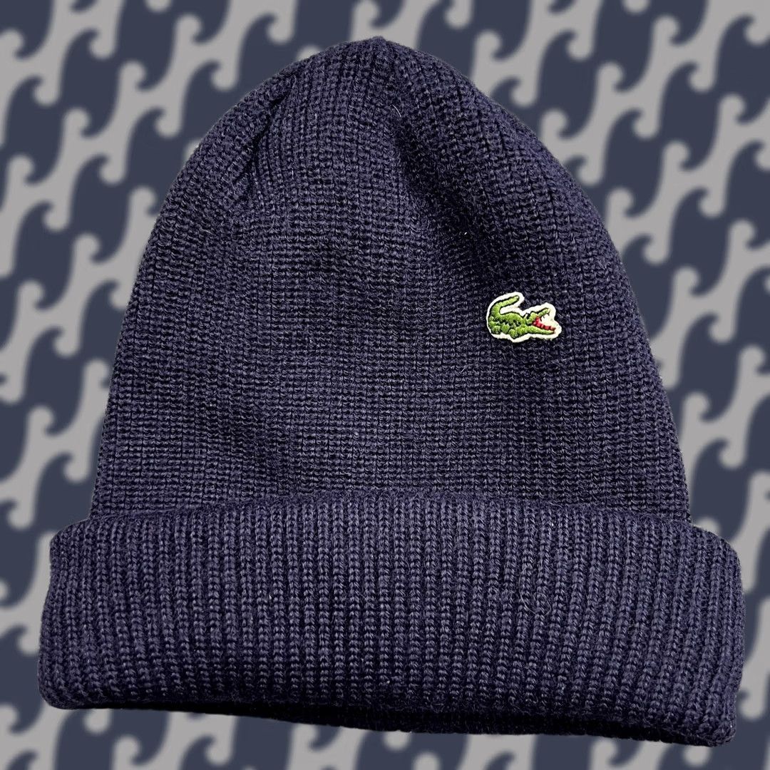 Lacoste VINTAGE Lacoste Navy Beanie Hat One Size Wool Blend Ribbon Cuffed Knit Unisex Adults Beanie Mens Womens Boys Girls Size ONE SIZE - 1 Thumbnail