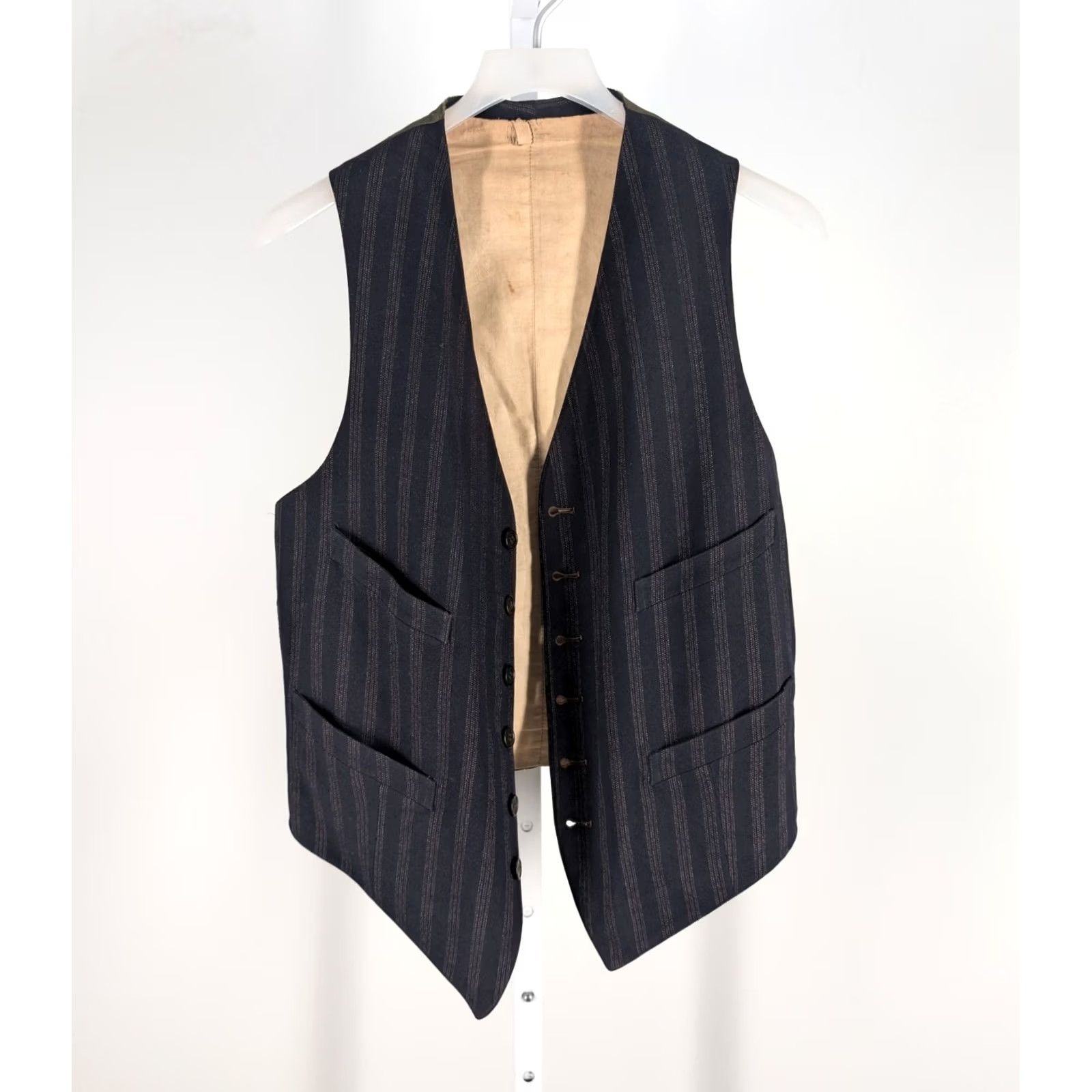 Vintage VINTAGE 1920s 1930s Waistcoat Vest Striped Wool Lapeled Back Buckle Front 6-Button 4-Pocket Mens Wool/Natural Cotton Lined Blue 38 Mens Size US XXS / EU 40 - 4 Thumbnail