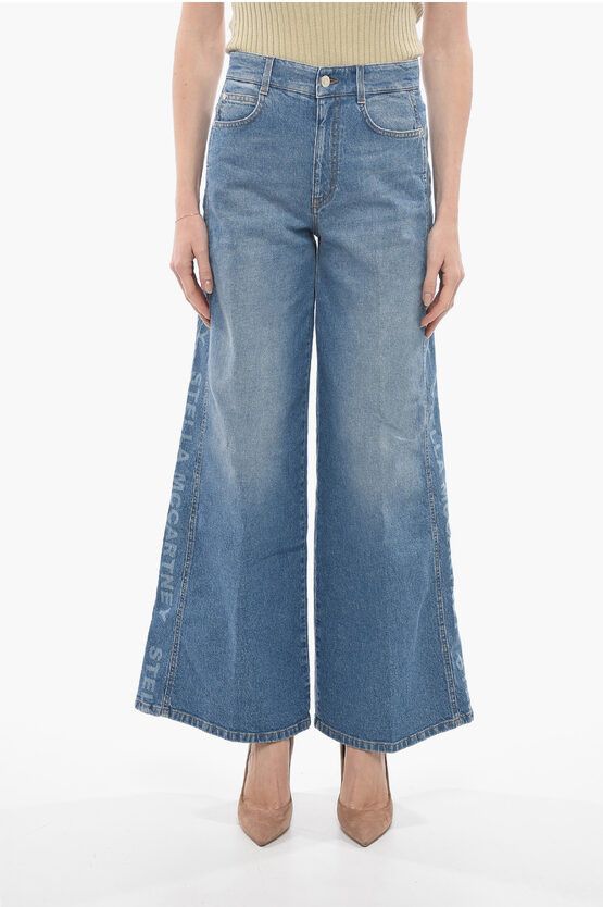 image of Stella Mccartney Organic Cotton Flared Fit Denims With Side Logoed Bands 34Cm in Blue, Women's (Siz