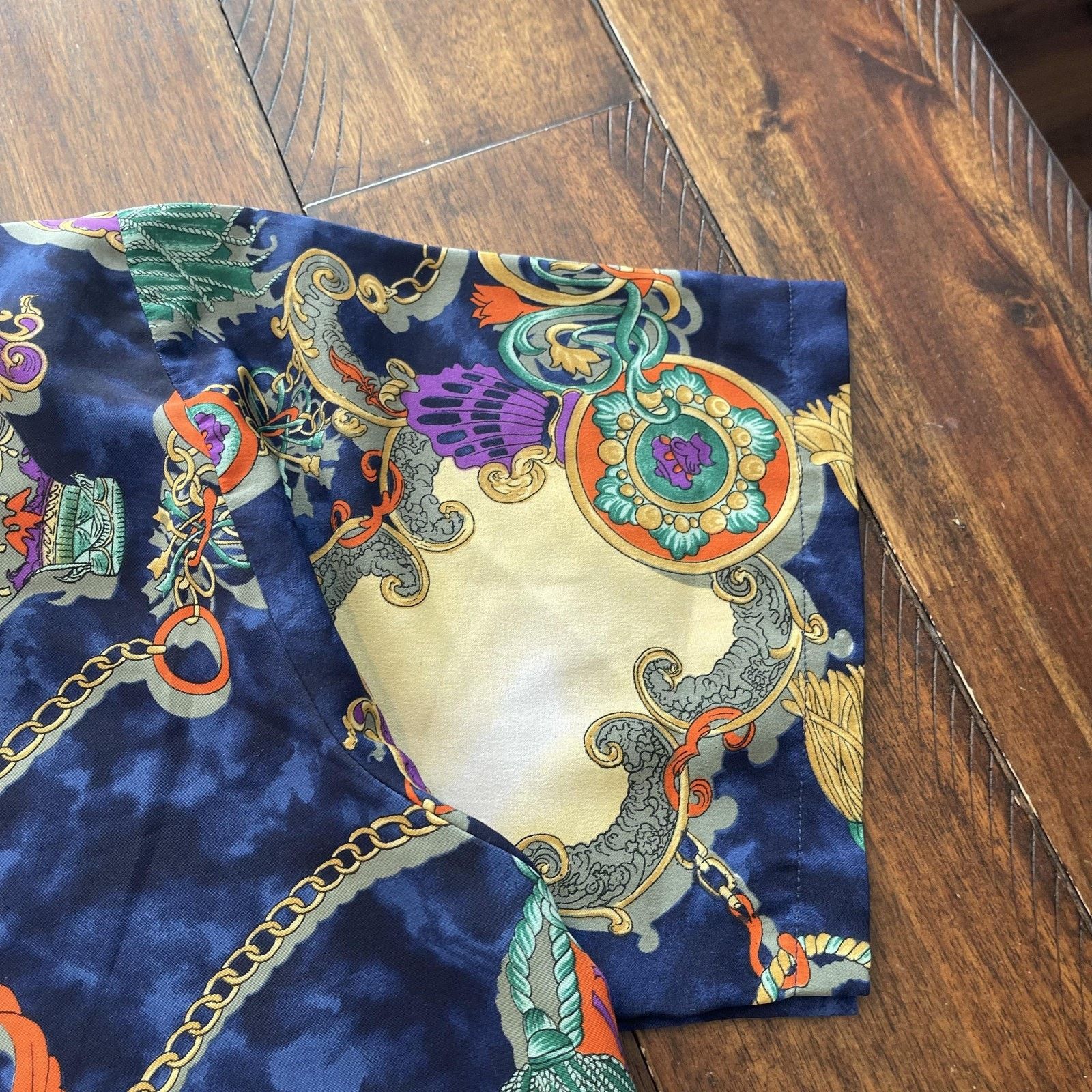 Vintage San-ai Shirt Womens XL Navy Baroque Chain Tassel Print Silky Size XL / US 12-14 / IT 48-50 - 7 Thumbnail