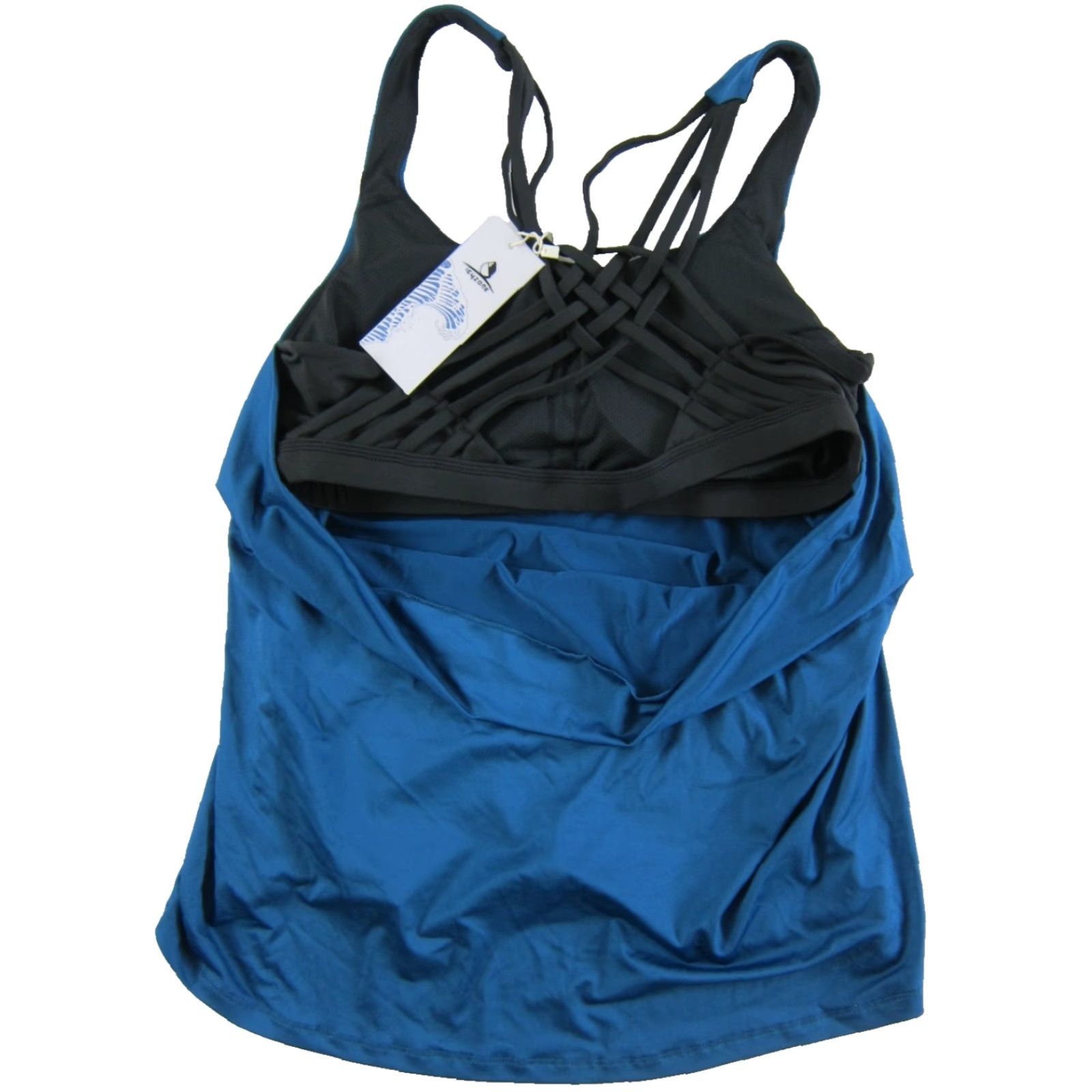 Vintage Icyzone Tank Top Women XL Blue Black Stretch Built In Bra Criss Cross NWT Sleeveless Racerback Top Size XL / US 12-14 / IT 48-50 - 5 Thumbnail