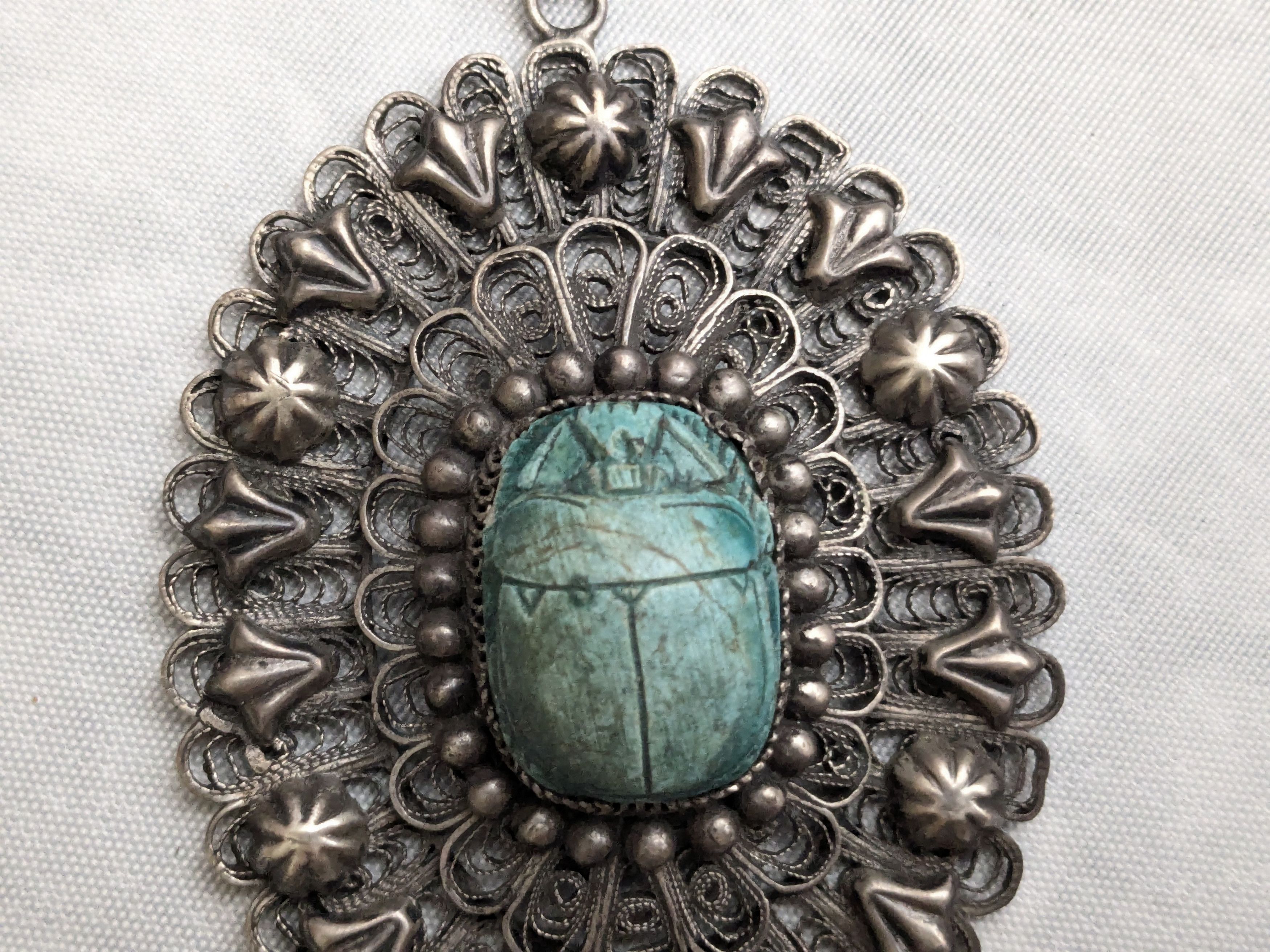 Jewelry Egyptian Silver Scarab Pendant Filigree Faience Blue Oval Size ONE SIZE - 6 Thumbnail