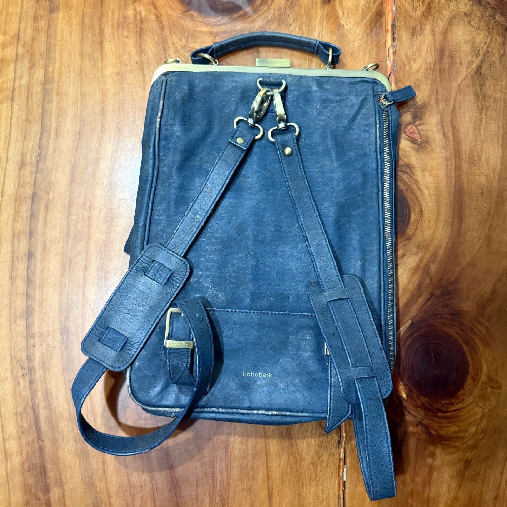 Vintage Laflore Paris Backpack Bag Unisex Adults Blue Bark 15x10x4 Zip Leather Straps Gold Hardware Logo Casual Vintage No Pocket Pattern Solid Modern Size ONE SIZE - 4 Thumbnail