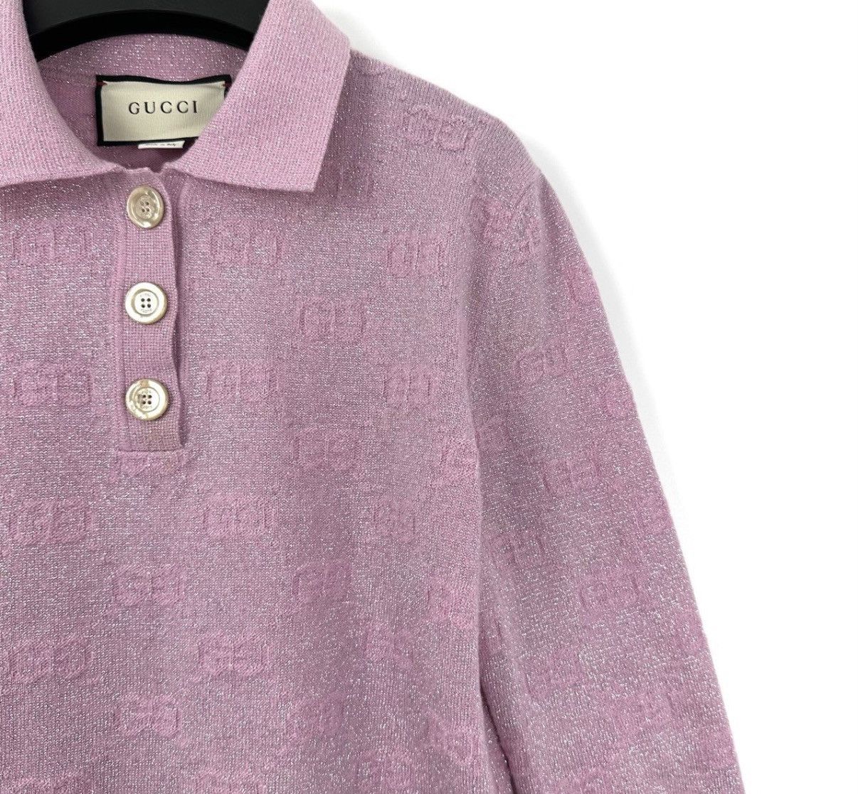 Gucci Gucci/Pink Double G All-Over Print Glitter Polo Knit Top K12 Size S / US 4 / IT 40 - 5 Thumbnail