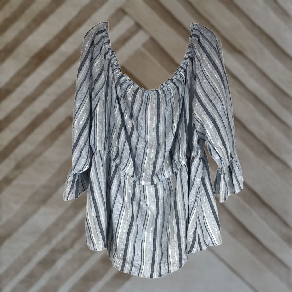 Vintage VINTAGE Lane Bryant Blue Striped Off Shoulder Ruffle Sleeve Top Plus Size 26/28 Size 4XL / US 24-26 - 1 Thumbnail