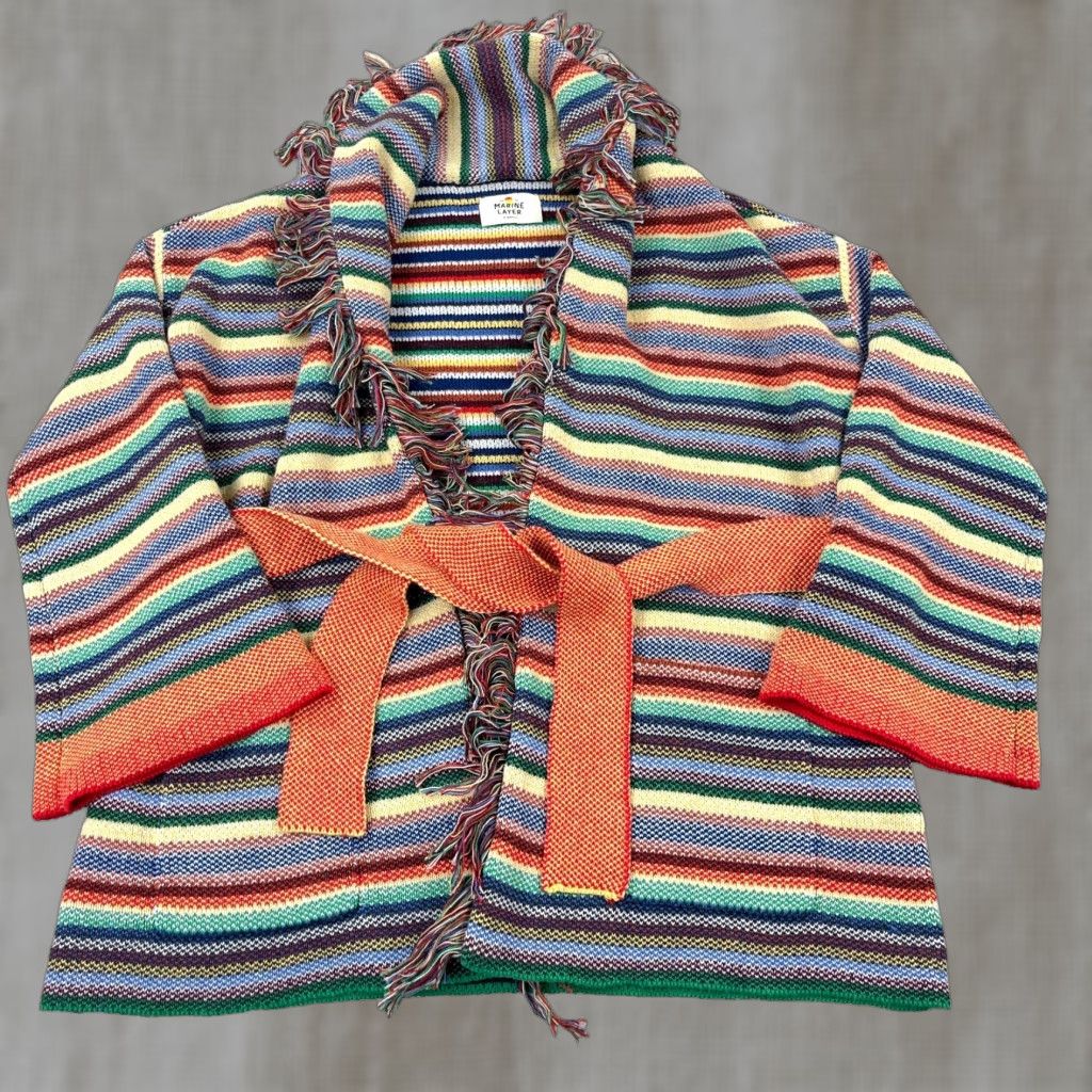 Marine Layer Cardigan Women XS Belted Fringe Alamere Multi Rainbow Boho