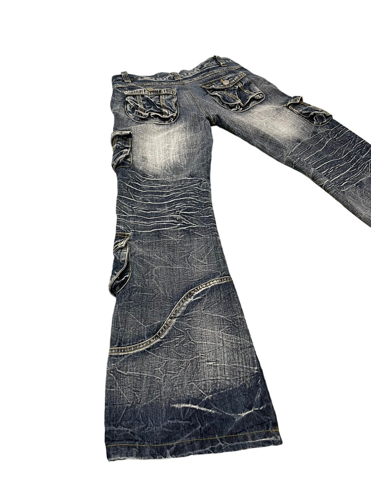 Japanese Brand Flare Jeans Cargo Topism Distress Acid Wash Boot Cut 7🟦4 Size US 33 - 13 Thumbnail