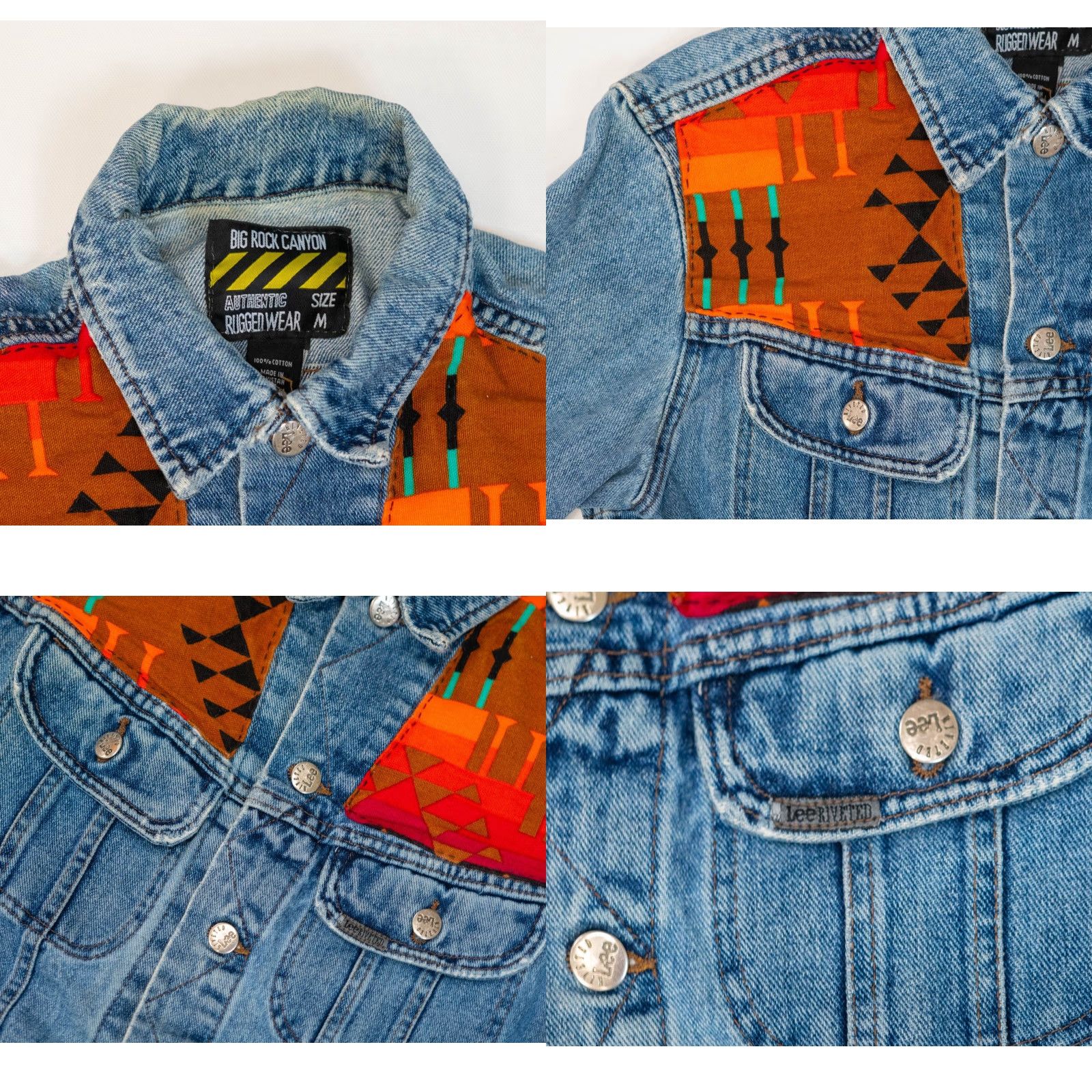 VINTAGE Lee Aztec Denim Jacket Women M Patchwork Trucker Bomber Jacket 80s 90s Western USA Rockabilly VTG Vintage