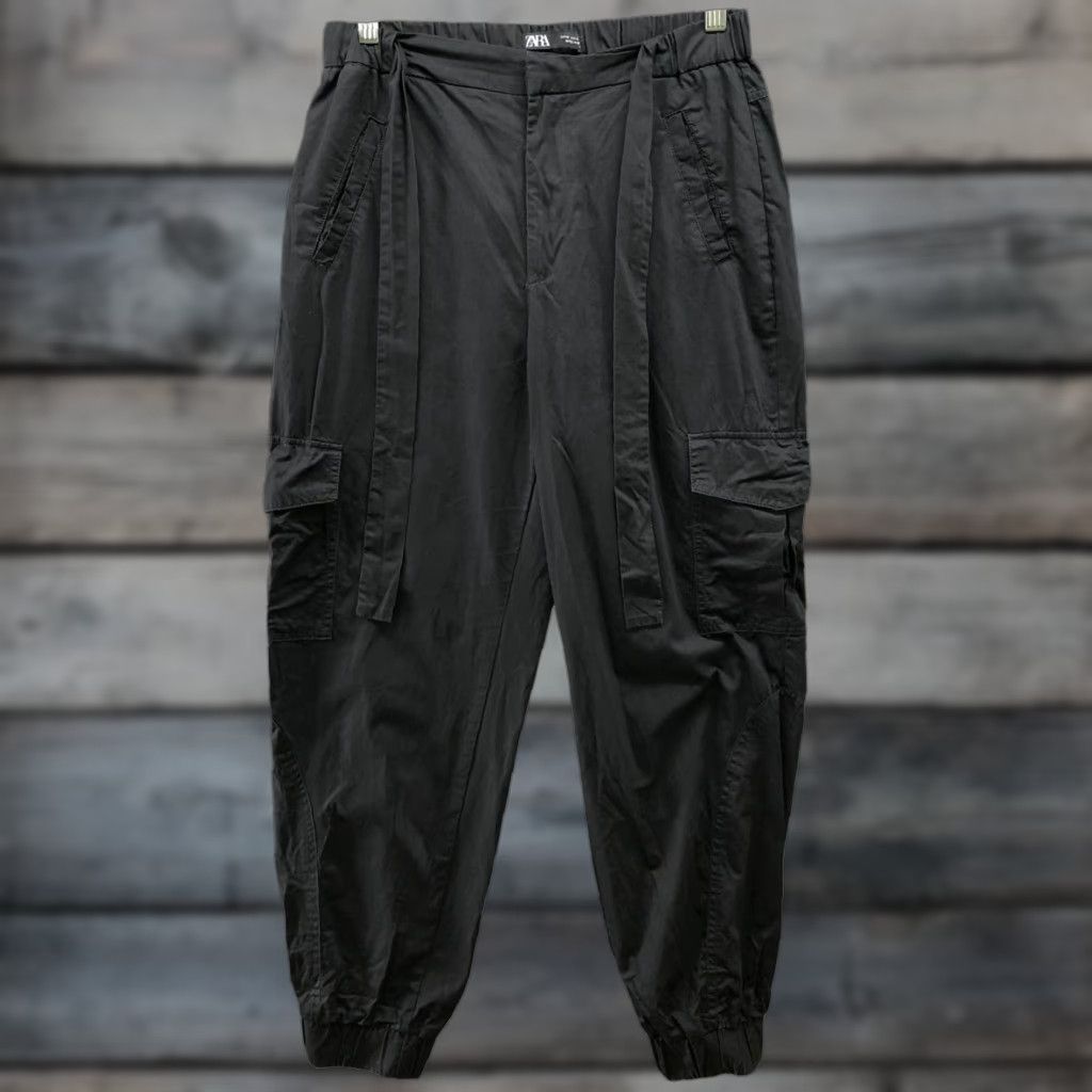 Zara VINTAGE? No — Actually Zara Cargo Jogger Pants Women M Black Cotton High Waisted Baggy Wide-Leg Casual Pants Size 32" / US 10 / IT 46 - 1 Thumbnail