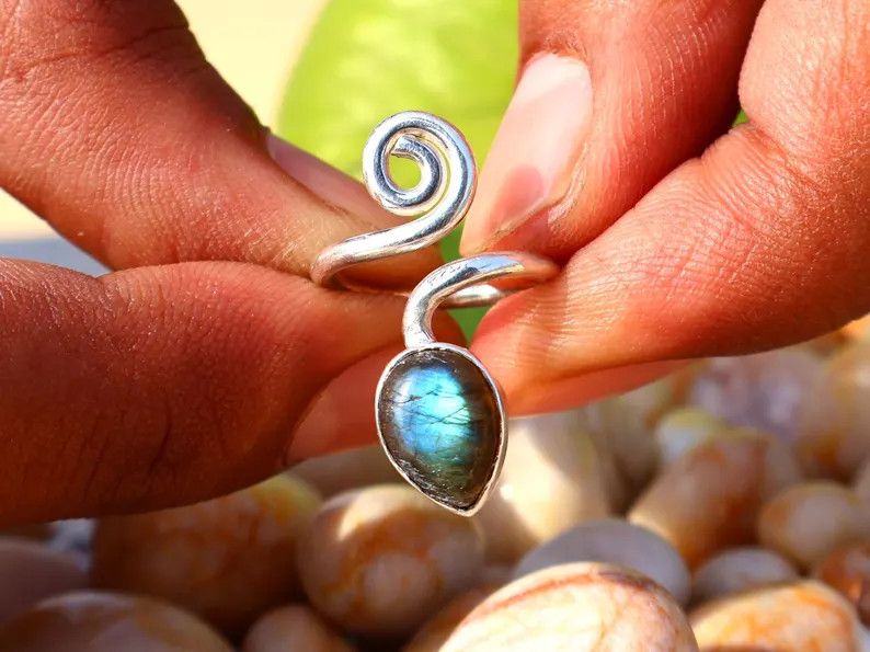 Handmade Handmade Labradorite Spiral Ring, Sterling Silver Ring Size ONE SIZE - 3 Thumbnail
