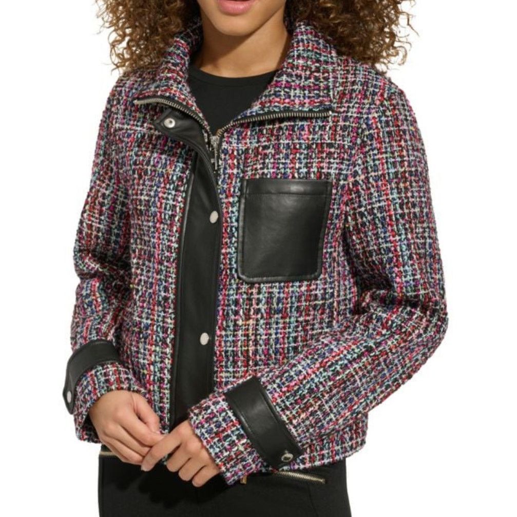 Karl Lagerfeld Karl Lagerfeld Tweed Faux Leather Moto Jacket Size XL / US 12-14 / IT 48-50 - 2 Thumbnail