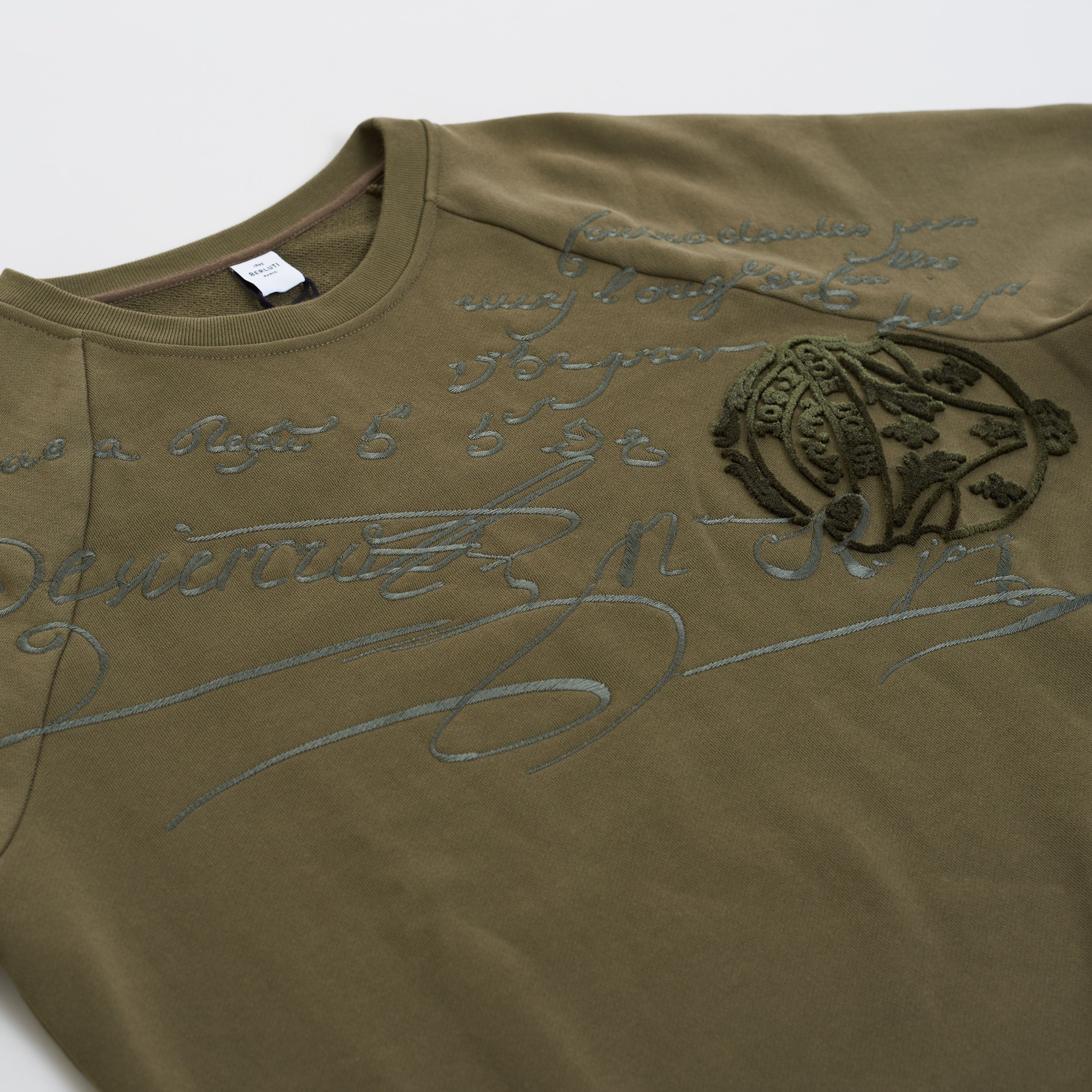 Berluti Embroidered Scritto Sweatshirt In Khaki Green Cotton Size US M / EU 48-50 / 2 - 9 Thumbnail