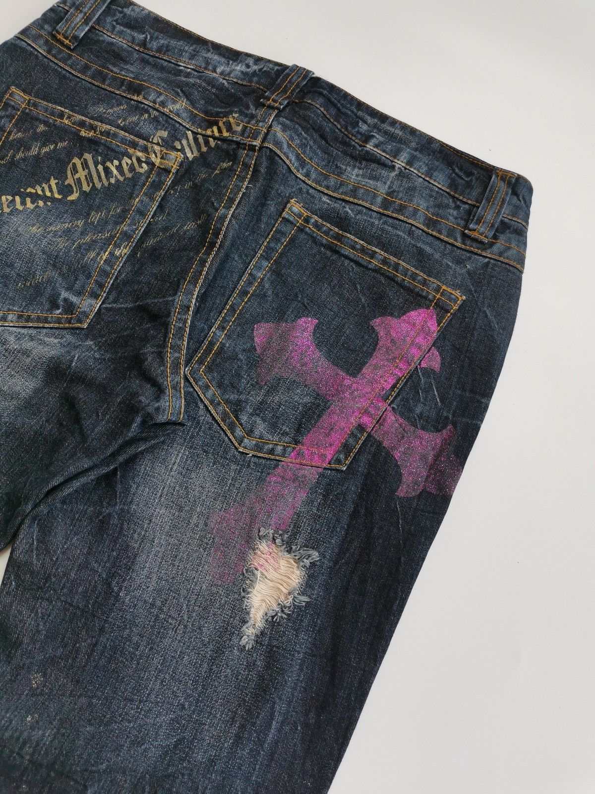 Tornado Mart Sorridere Japan Bootcut Cross Poem Print Distressed Jeans Size US 34 / EU 50 - 4 Thumbnail