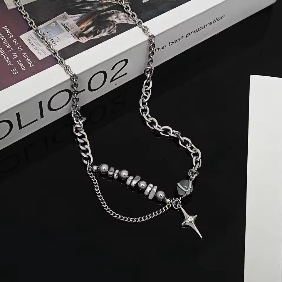 Japanese Brand Layered Star Cross Necklace Silver Chain Bead Goth Eboy Size ONE SIZE - 4 Thumbnail