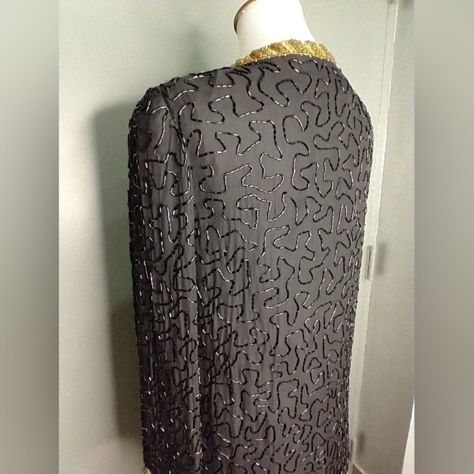 Vintage KAZAR BEADED sequin gold black silk long EVENING JACKET coat Size S / US 4 / IT 40 - 3 Thumbnail