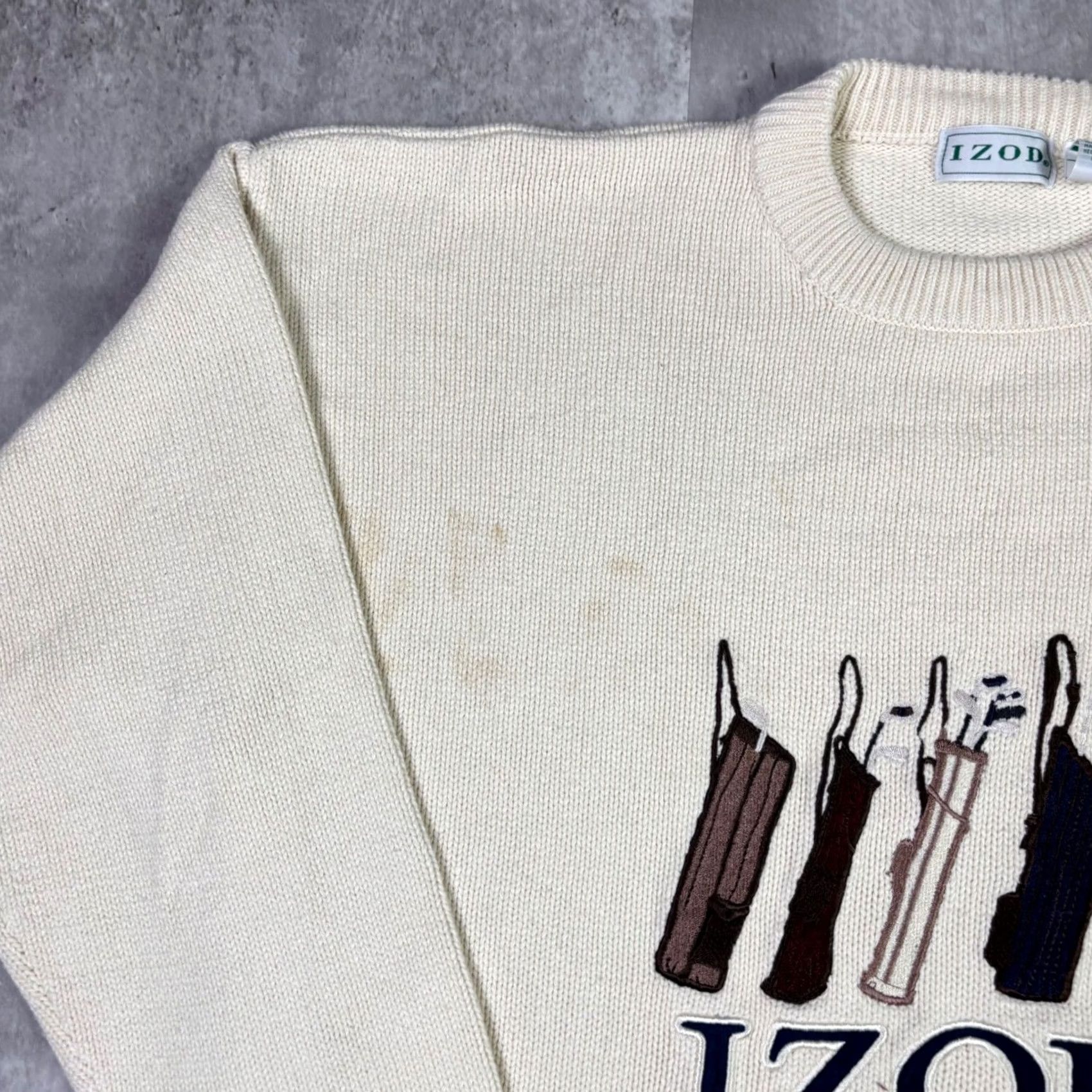 Izod VINTAGE IZOD Mens XL Cream Cotton Knit Golf Embroidered Crewneck Sweater Size US XL / EU 56 / 4 - 7 Thumbnail
