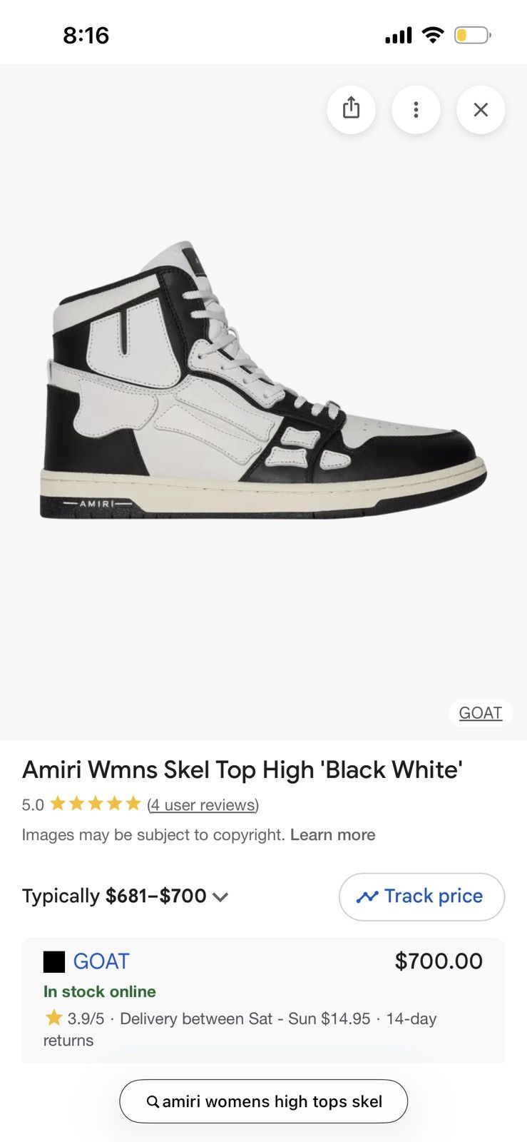 Amiri AMIRI Black and White Womens Skel High-Top Sneakers Size US 8.5 / IT 38.5 - 3 Thumbnail