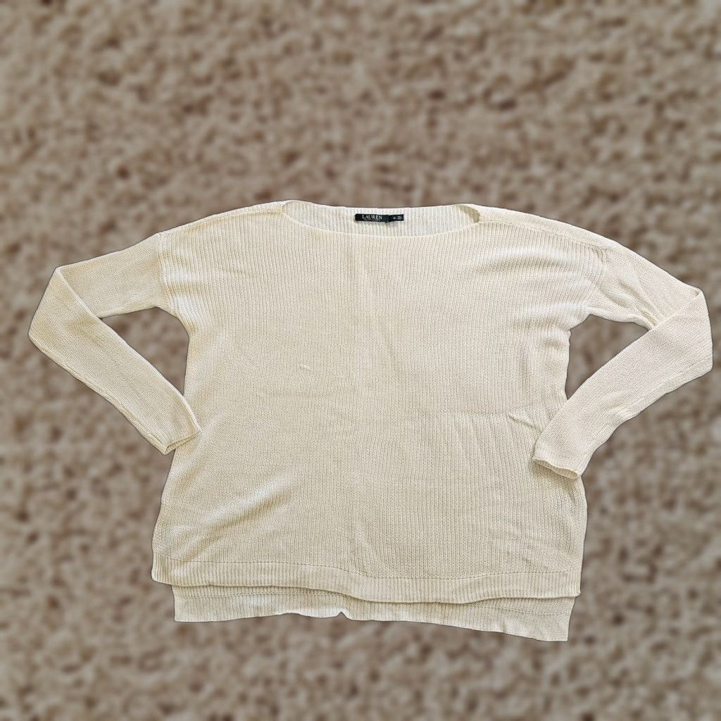 Ralph Lauren Lauren Ralph Lauren Sweater Womens Medium White Ribbed Knit Long Sleeve Boat Neck Casual Split Cotton Viscose Pullover Size M / US 6-8 / IT 42-44 - 1 Thumbnail