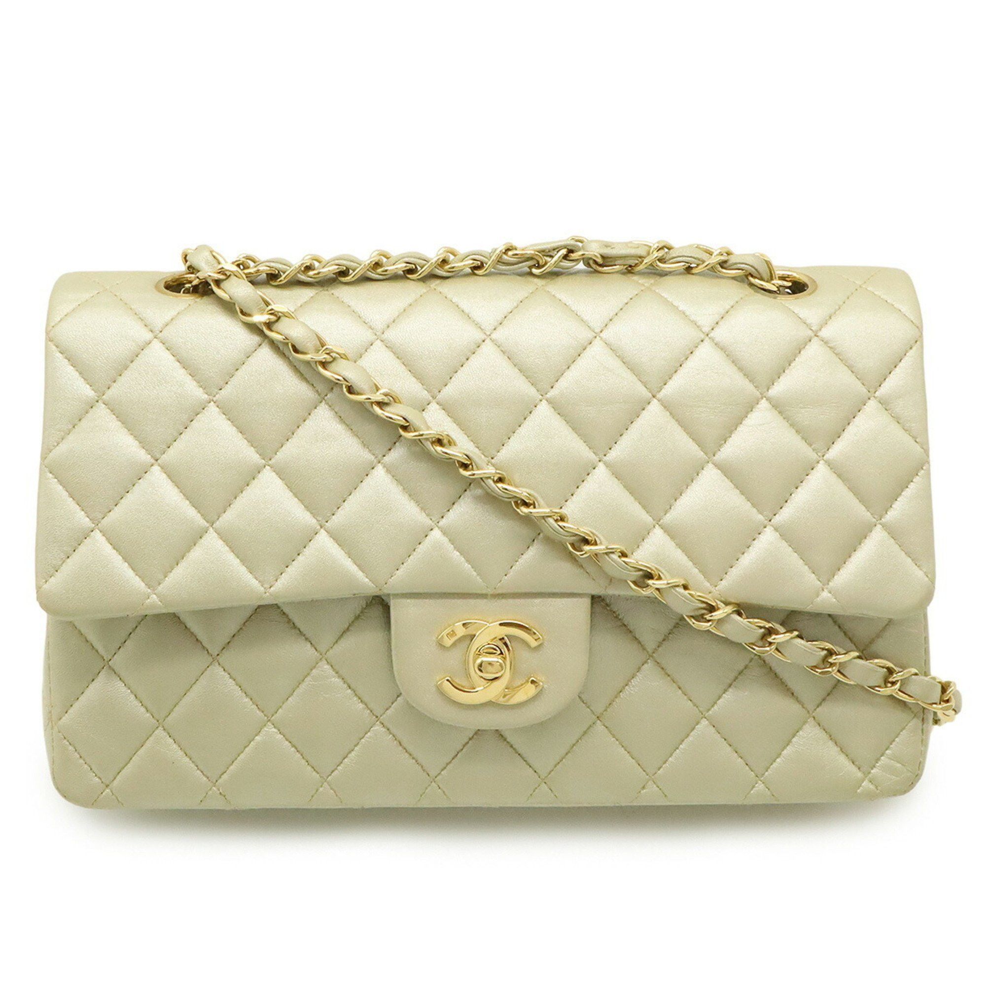 Chanel Matelasse 25 Coco Mark Double Flap Chain Shoulder Bag Handbag Leather Champagne Gold A01112, Women's
