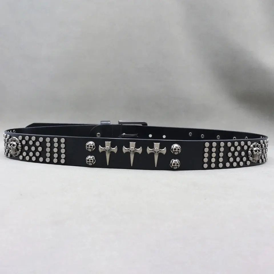 Leather Studded Skull Punk Rock Split Leather Belt Size ONE SIZE - 5 Thumbnail