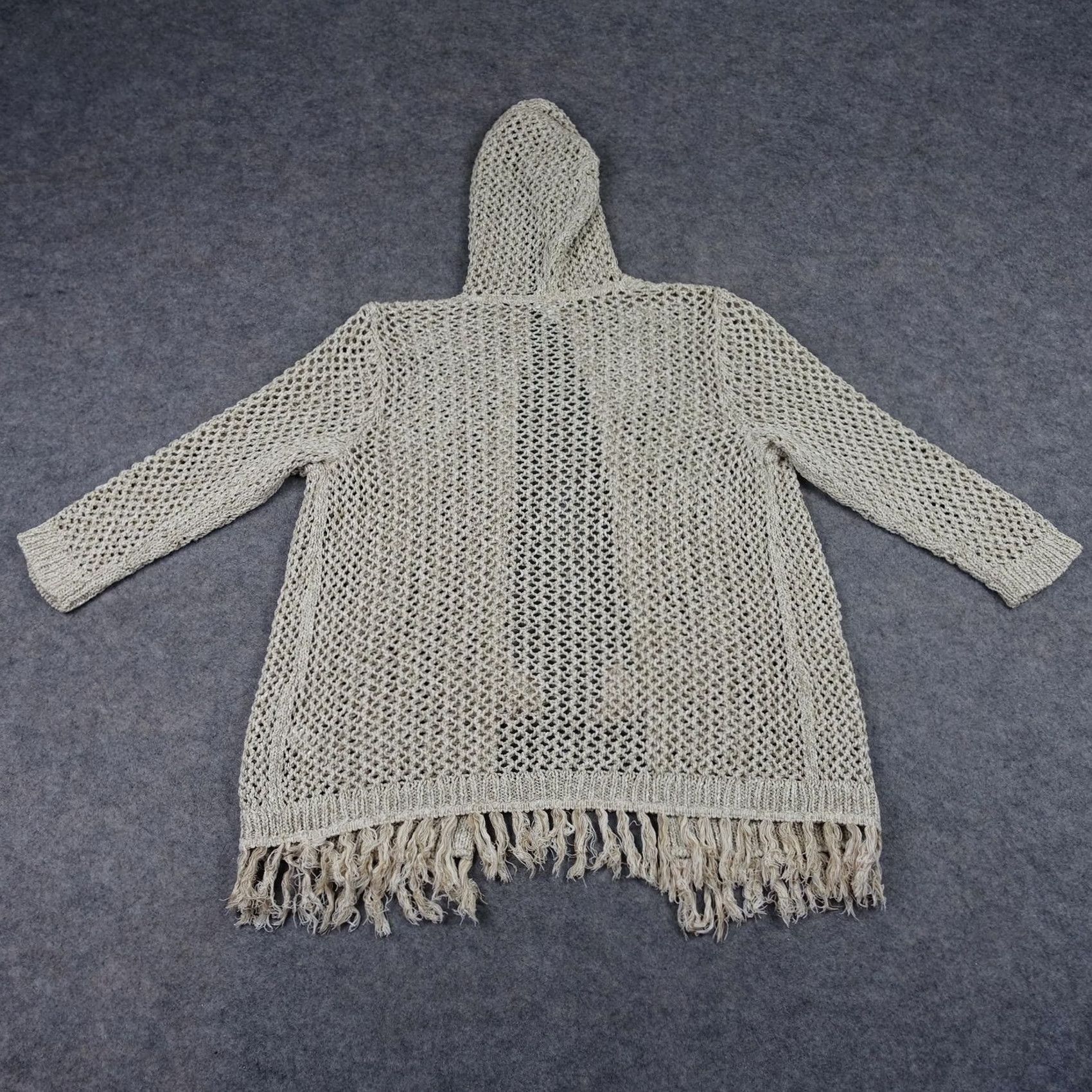 J. Jill J. Jill Cardigan Sweater Womens Medium Beige Open Knit Hood Fringe Bohemian Tasseled Size M / US 6-8 / IT 42-44 - 7 Thumbnail